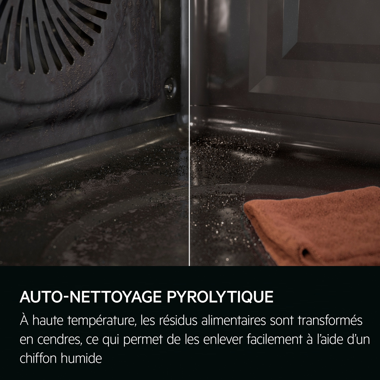 Intérieur d'un four. Le côté gauche montre un intérieur sale. Le côté droit montre un intérieur propre, avec un chiffon marron.