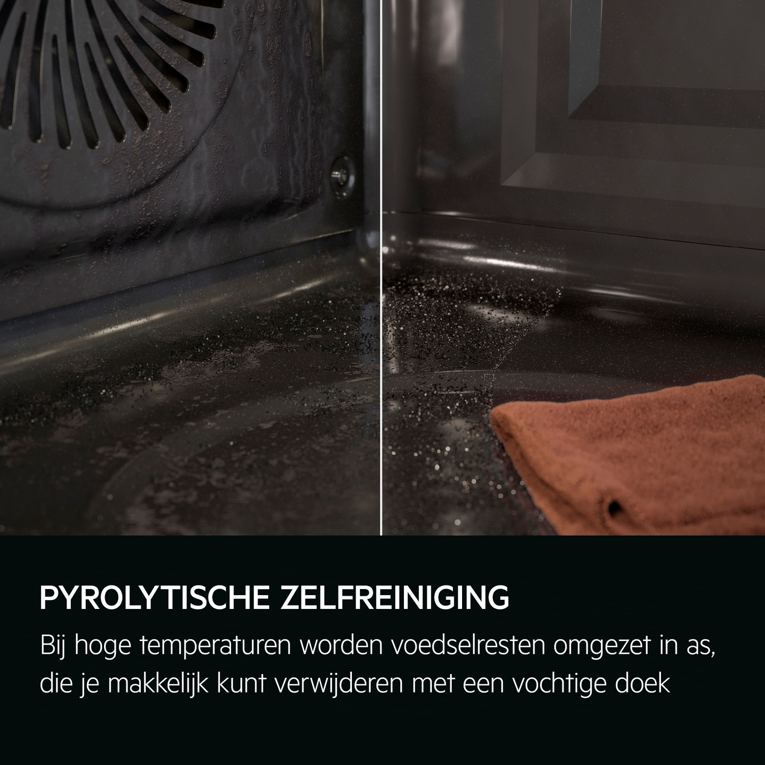 Inside of an oven. Text reads: Pyrolytic self-cleaning. Food residue converted into ash.