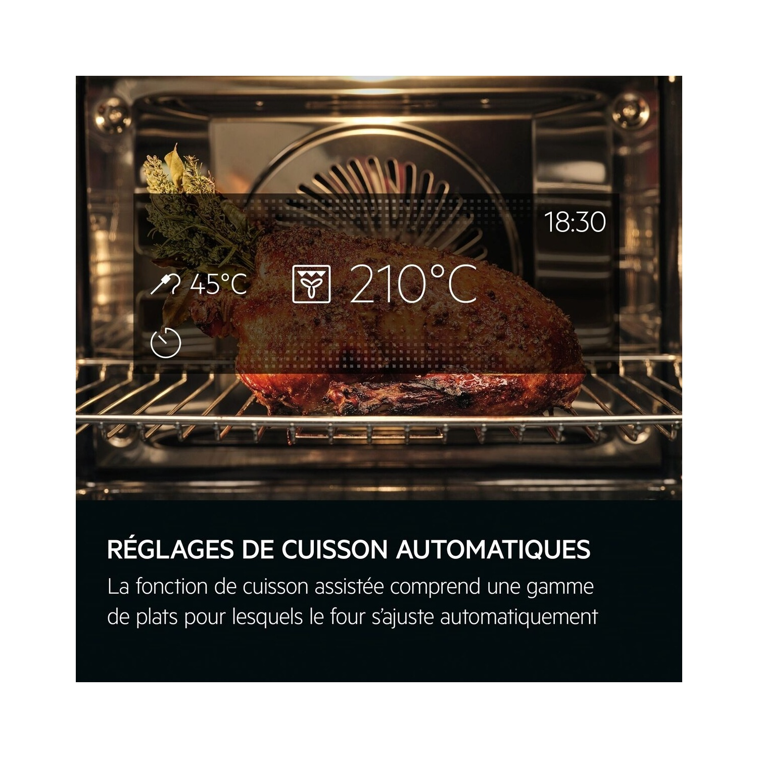 Intérieur d'un four avec aliments et affichage numérique des réglages.