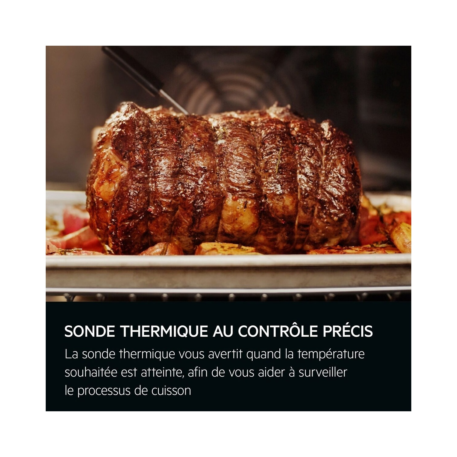 Viande rôtie avec une sonde dans le four.