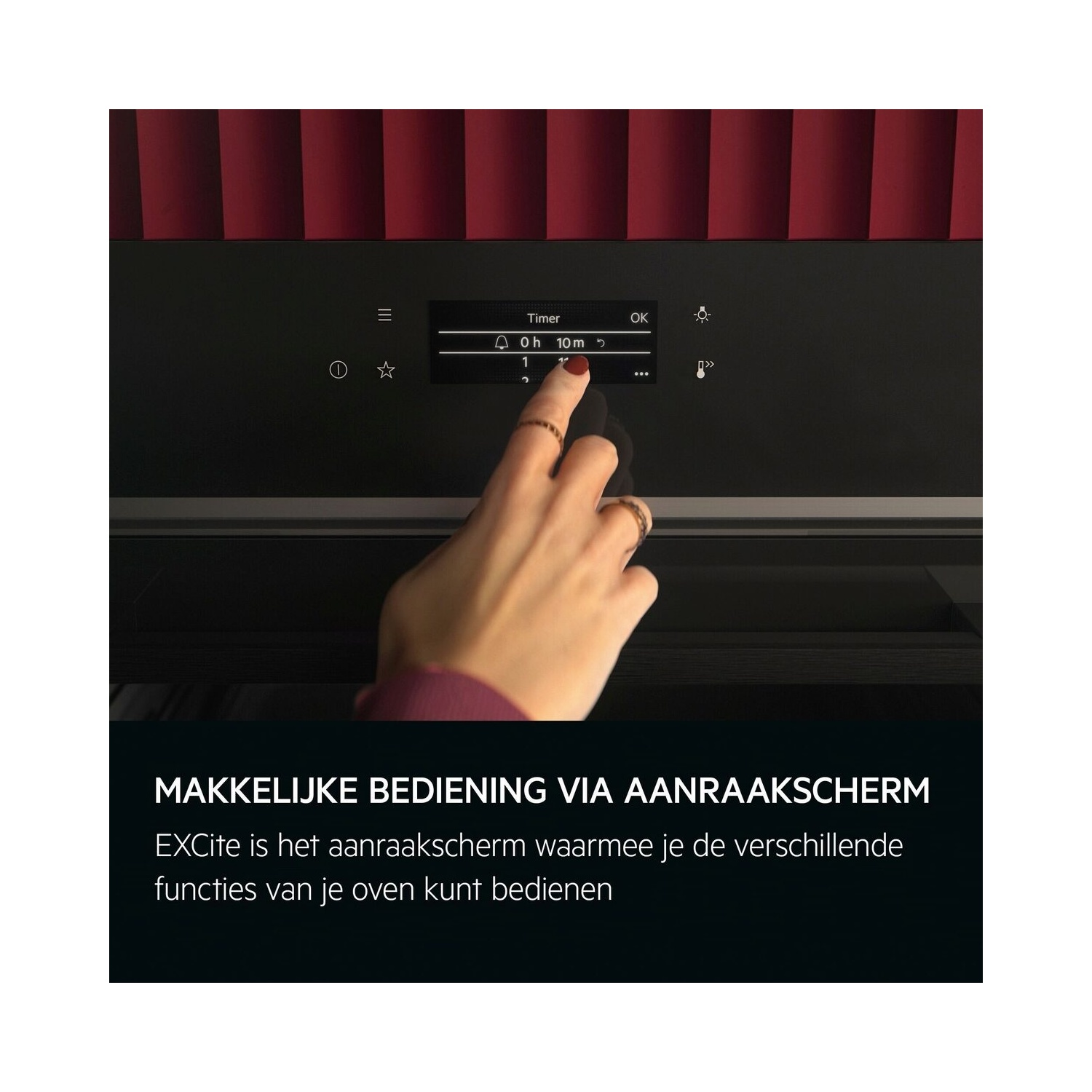 Een hand raakt het touchscreen van een oven aan, met tekst over eenvoudige bediening.