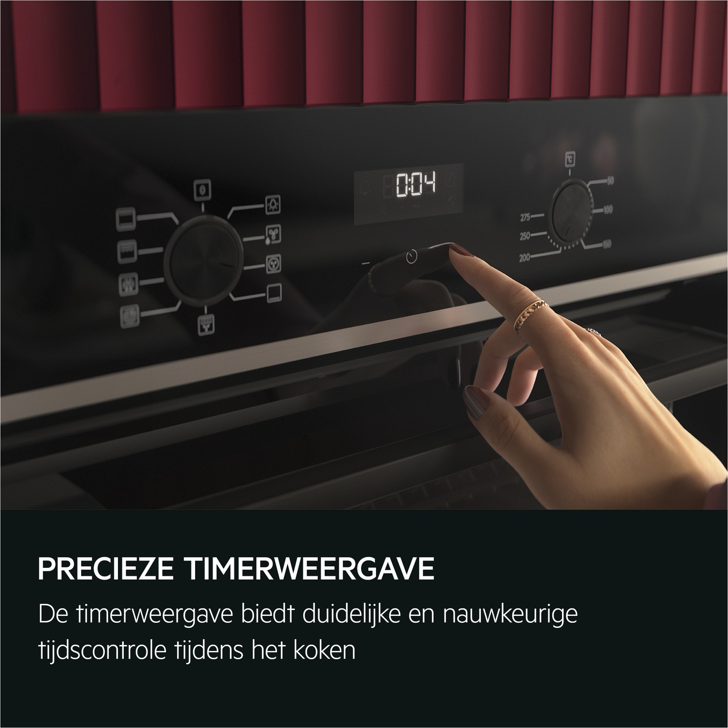 Hand touches oven timer with a digital display. Red panel background.