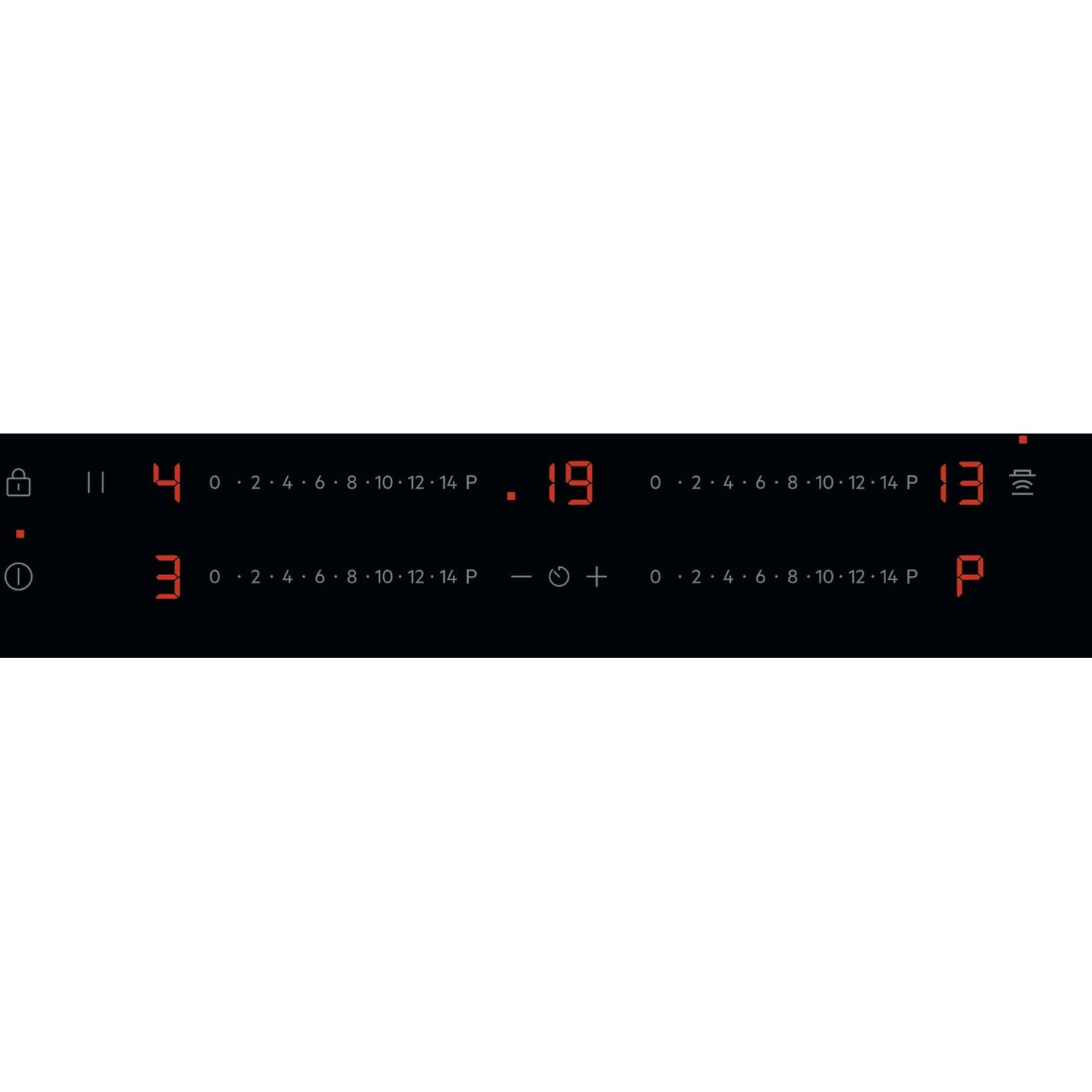 Panneau de commande de plaque à induction noire avec affichages numériques rouges montrant des chiffres et symboles.