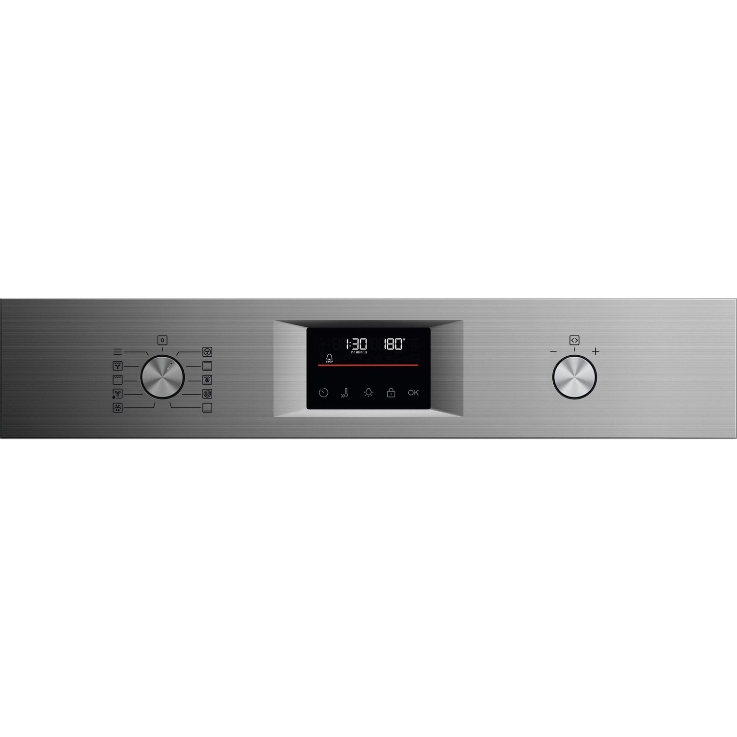 Oven control panel with digital display and knobs. Metallic finish.