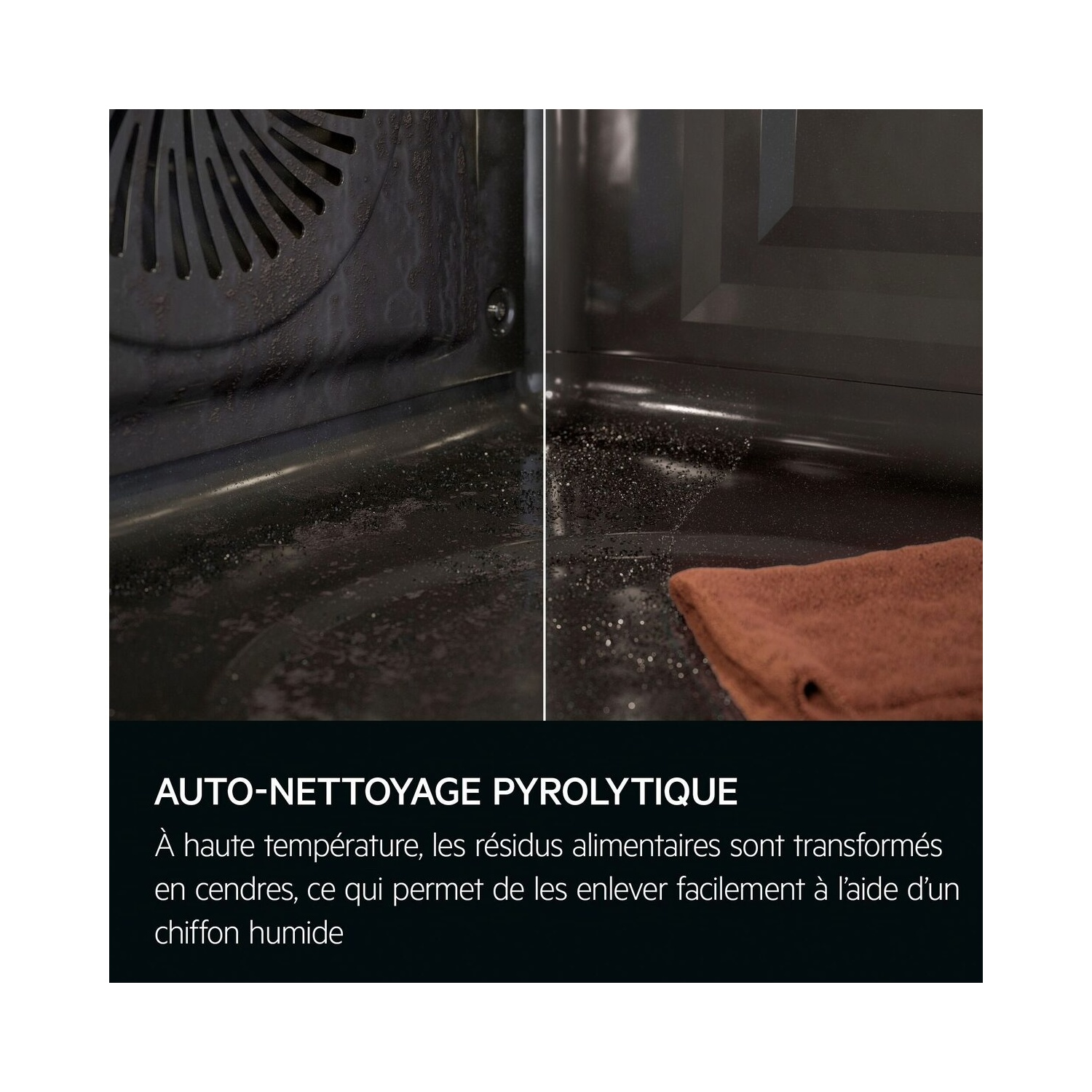 Intérieur du four avec texte sur l'auto-nettoyage et un chiffon de nettoyage.