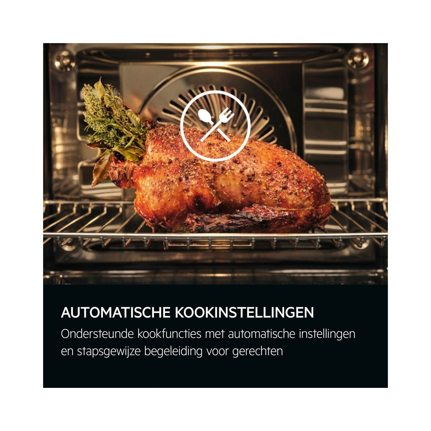 Roast chicken inside the oven. Cooking settings icon is on top.