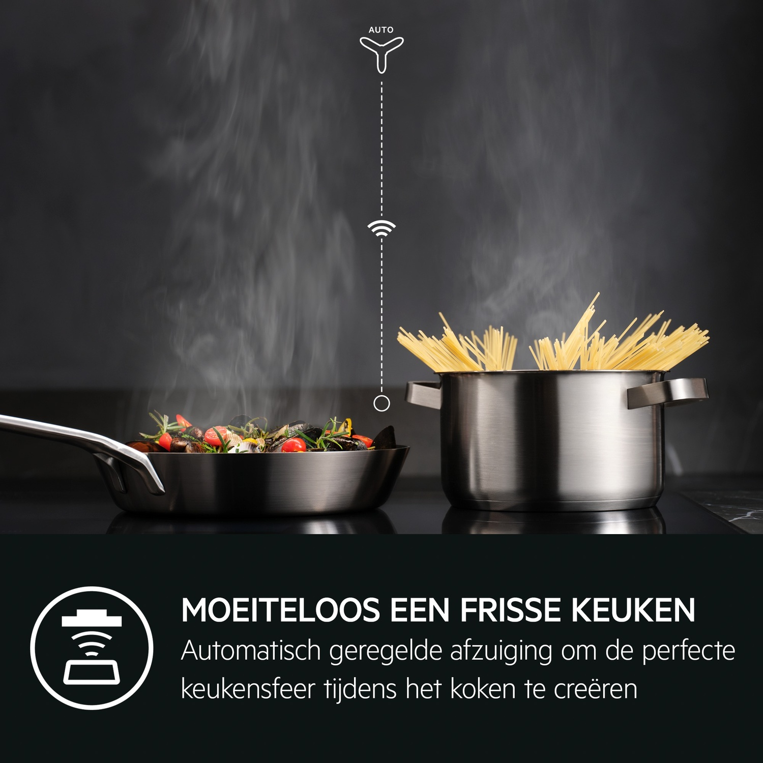 A stove top with a pan of food and a pot of pasta. Steam rises. The words 'Moeiteloos een frisse keuken' are at the bottom.