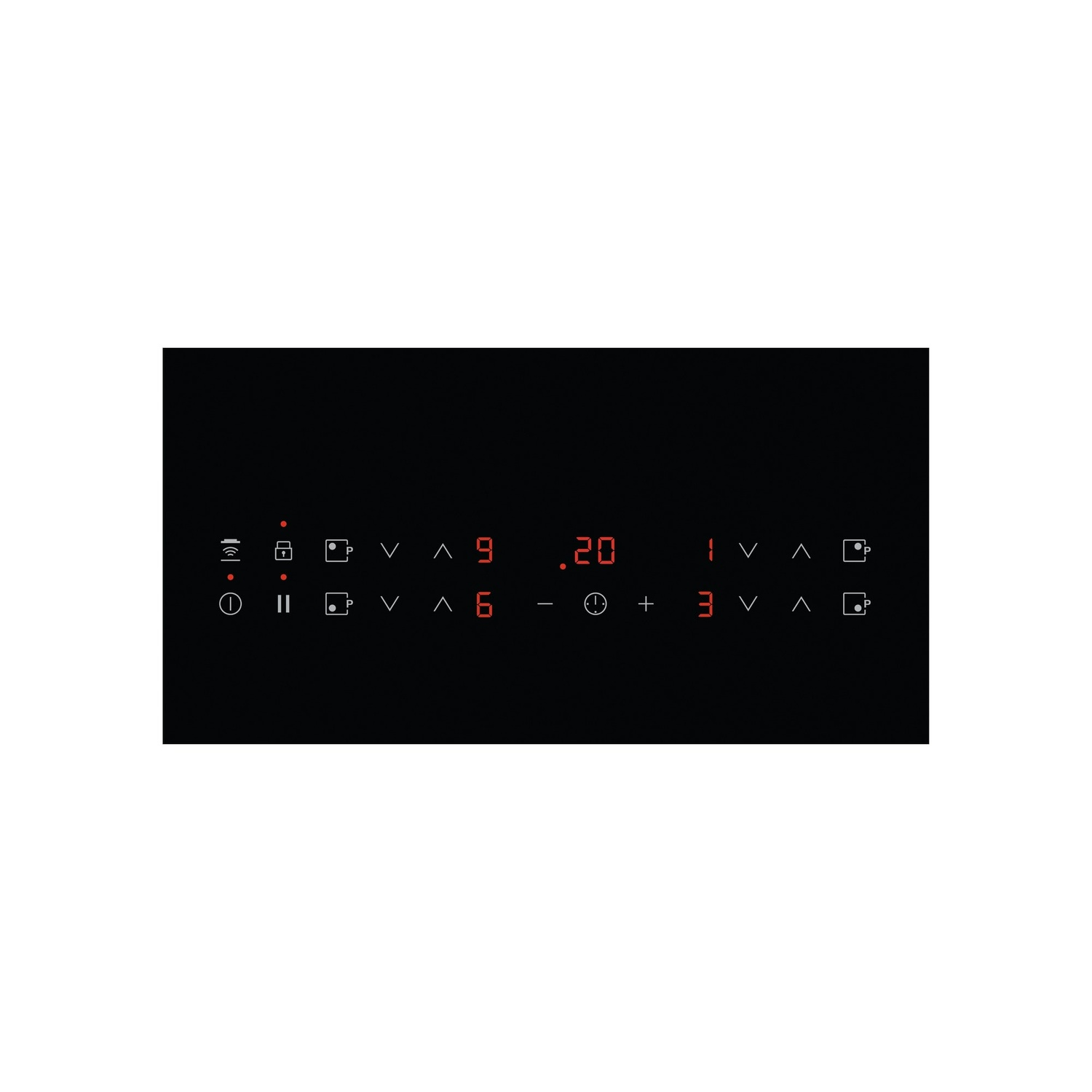 Zwart kookplaat bedieningspaneel met digitale display en touch controls rood verlicht.