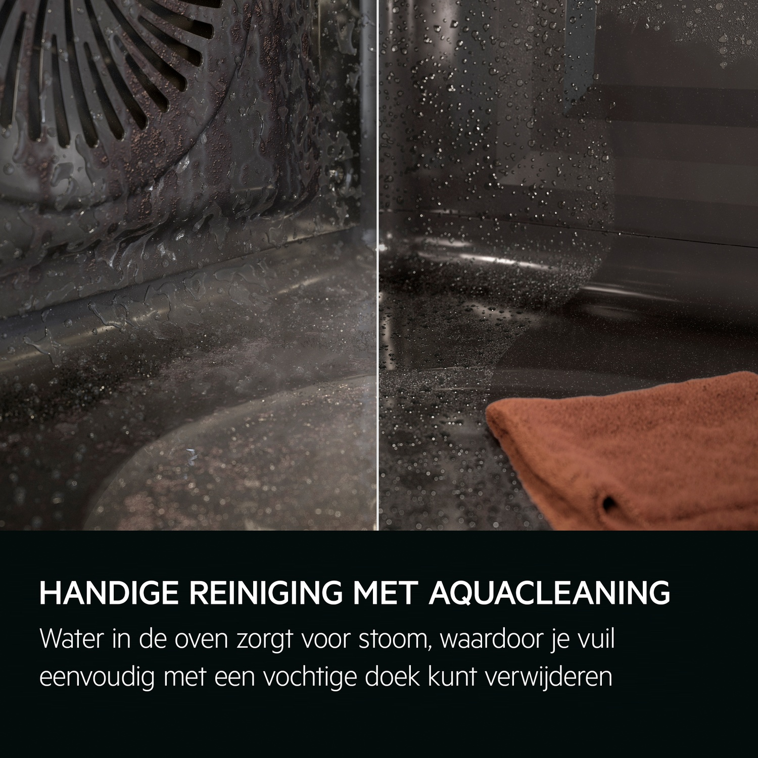 Intérieur de four avec des gouttelettes d'eau. Texte en néerlandais expliquant le nettoyage.