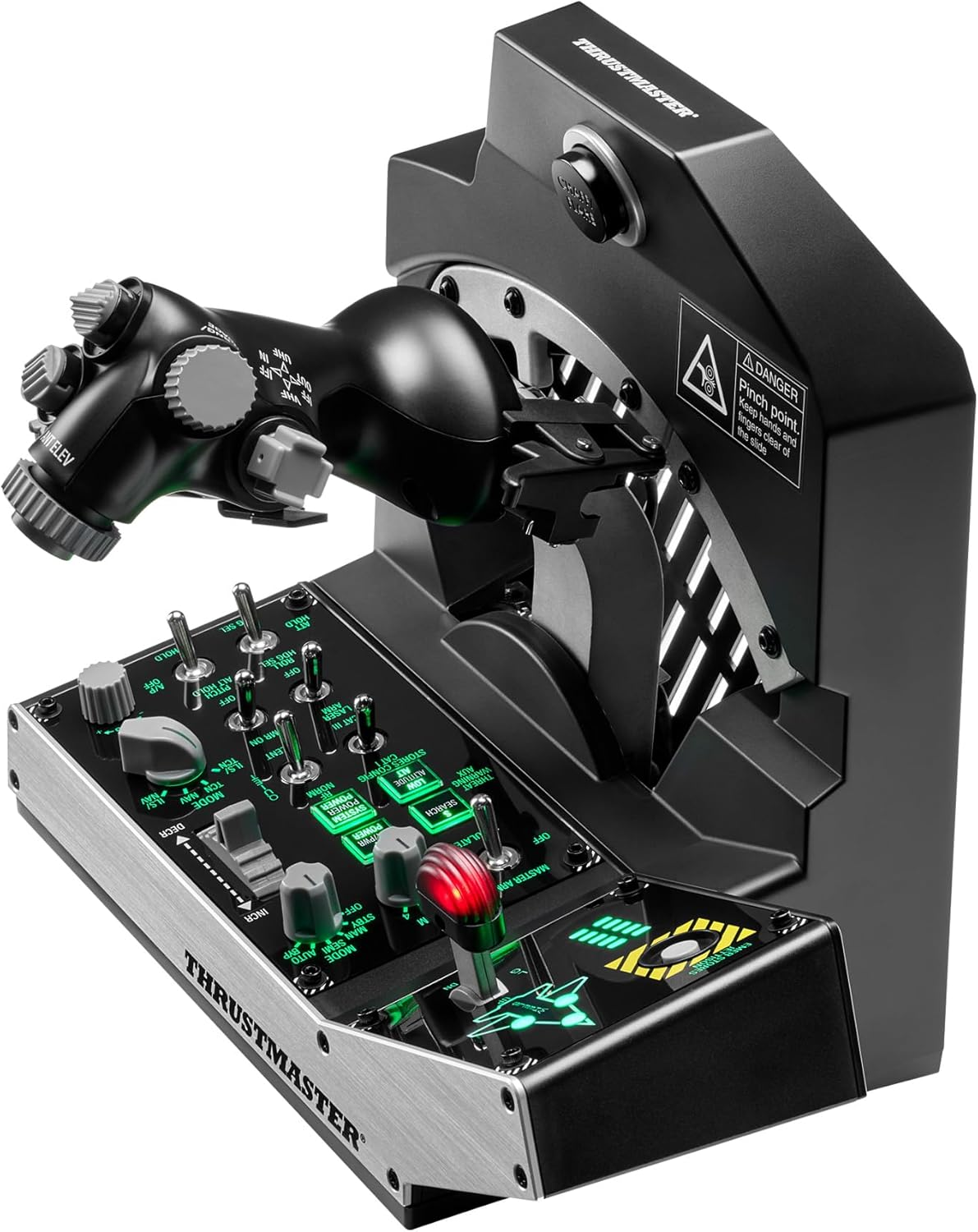 Panel de control de simulador de vuelo negro con joystick, botones e interruptores. Marca Thrustmaster.