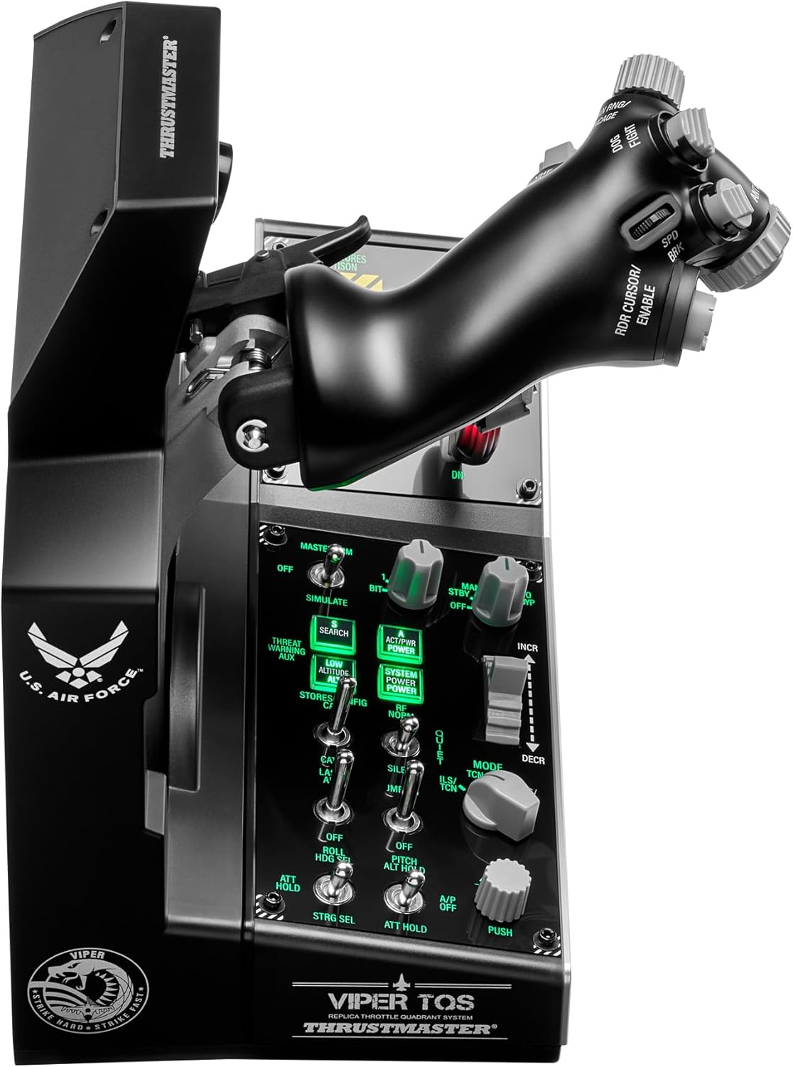 Panel de control negro y gris de simulador de vuelo. Incluye interruptores, botones y un joystick. Logotipo de la Fuerza Aérea de EE. UU. visible.