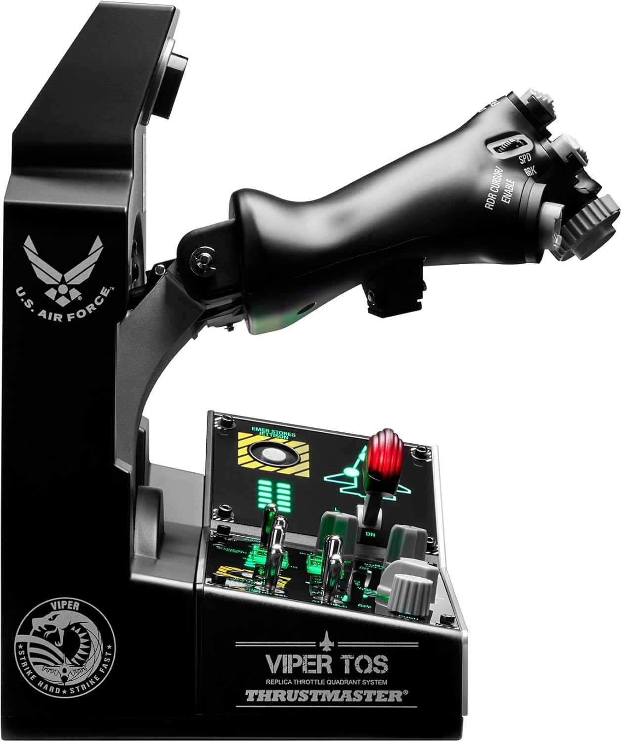 Panel de control de simulador de vuelo negro con joystick y varios botones e interruptores.