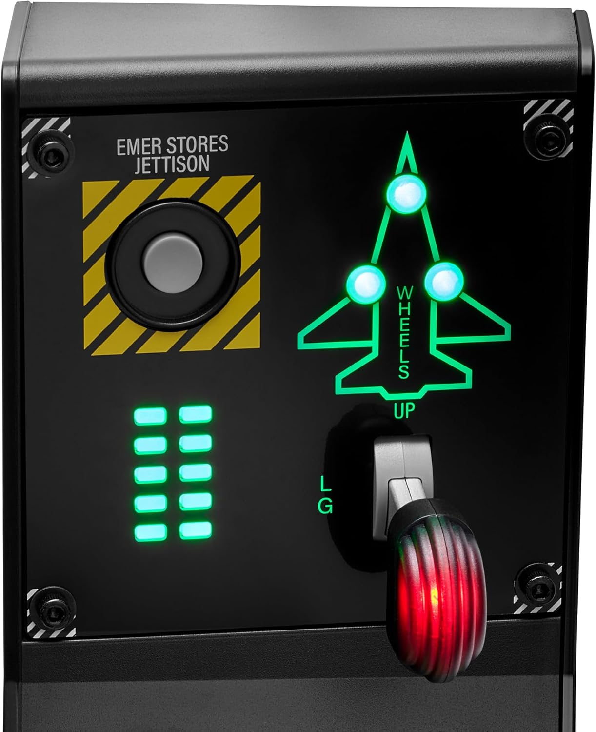 Primer plano de un panel negro con luces, botones y una palanca con un contorno de avión verde.