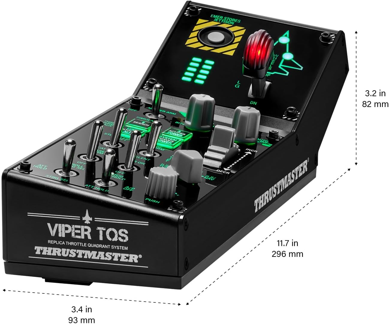 Un cuadrante de acelerador de simulador de vuelo Thrustmaster negro con botones, interruptores y luces.