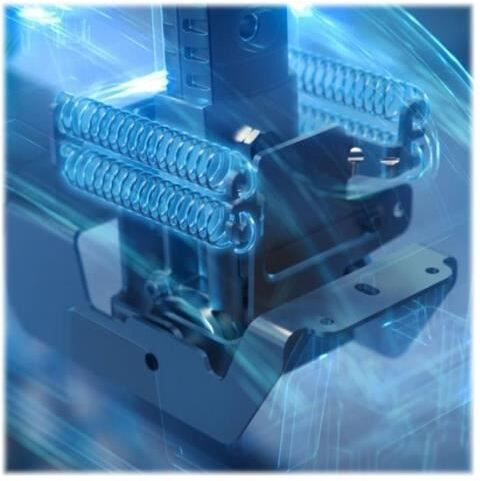 Primer plano de un componente de máquina. Tono azul, detalles internos.