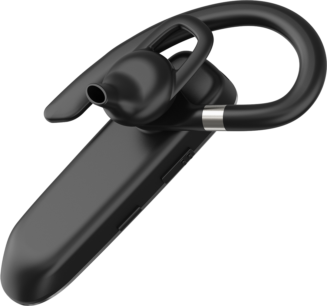 Fekete Bluetooth headset ívelt kialakítással, balra dőlve, egyszerű háttér előtt.
