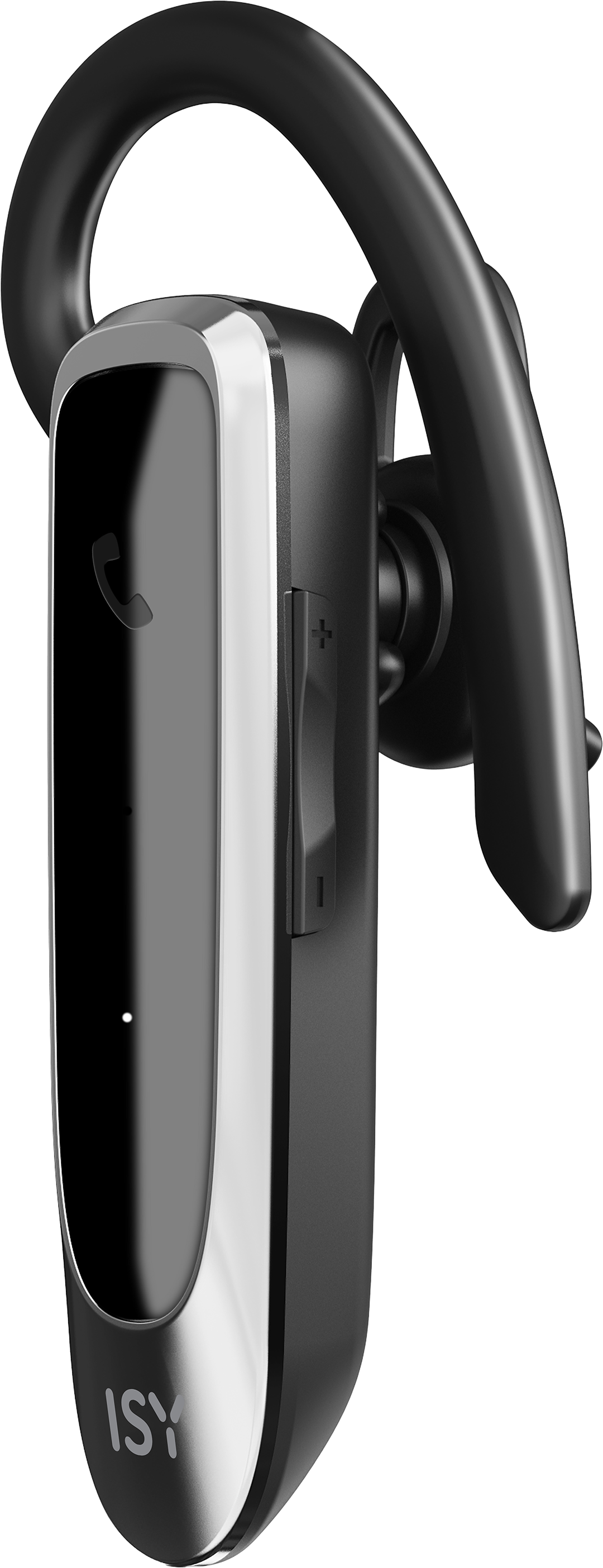 Fekete-ezüst ISY Bluetooth headset fülkampóval, hangerőszabályzóval az oldalon.