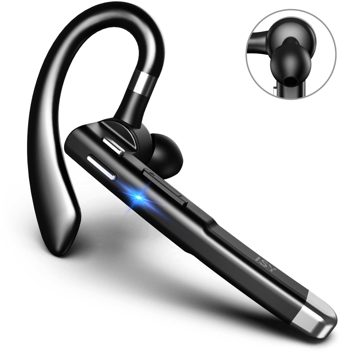 Egy fekete Bluetooth headset ezüst díszítéssel és kék fénnyel.