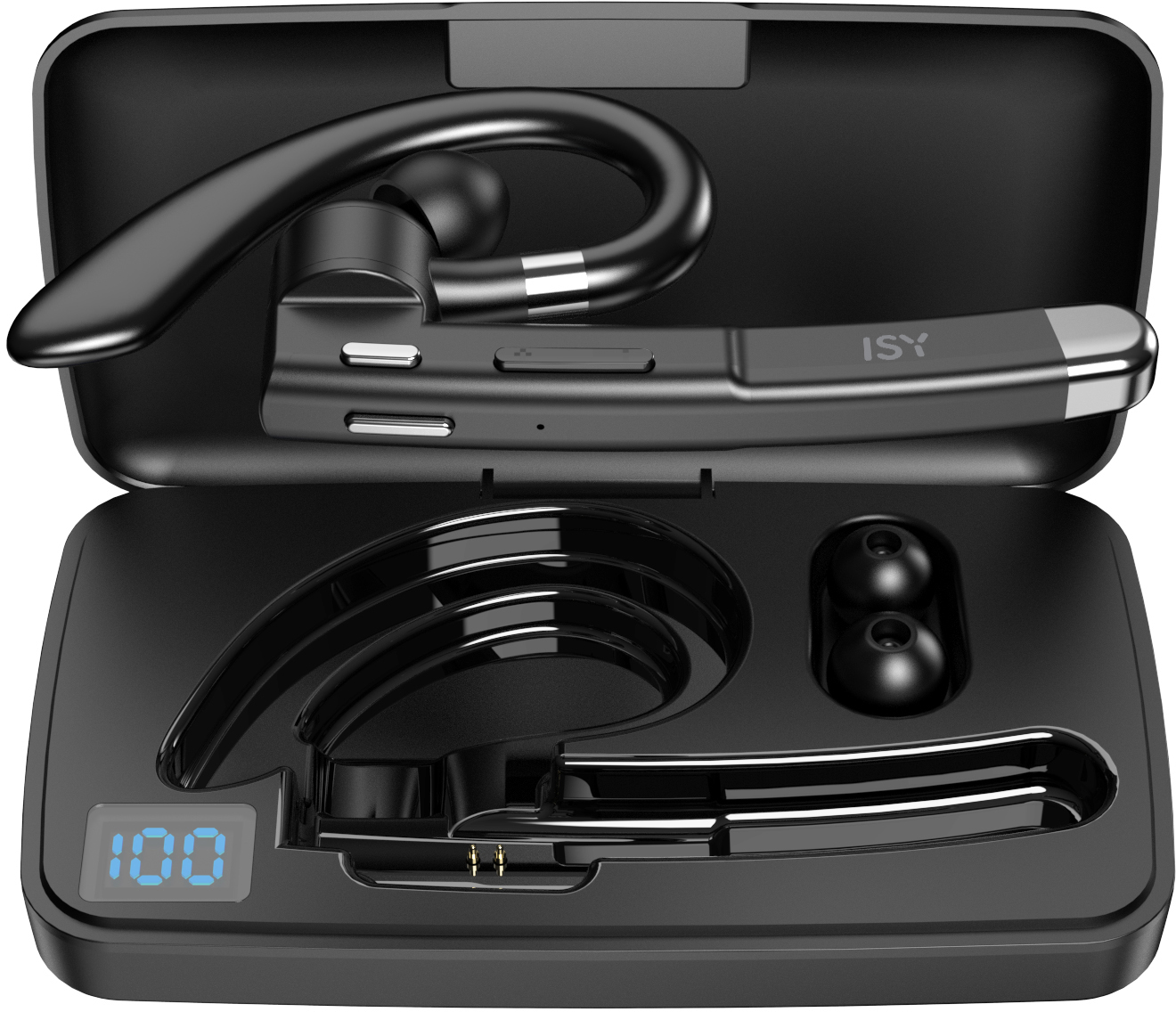 Egy fekete Bluetooth headset a töltőtokjában, a headsetet és két extra fülhallgatót mutatva.