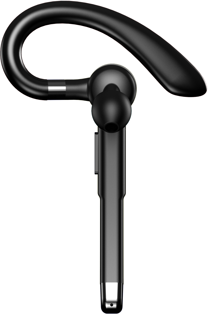Fekete, ívelt Bluetooth headset. Hosszú szára és fülkampója van.