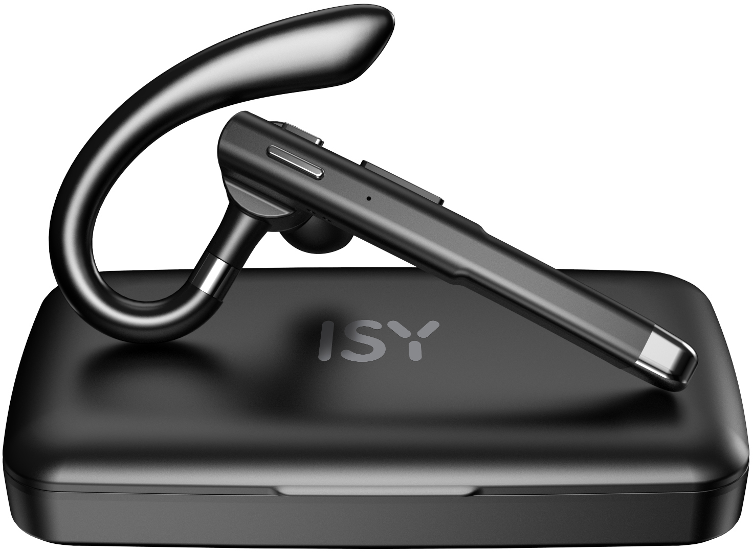 Egy fekete headset töltőtokkal, rajta az ISY felirattal.