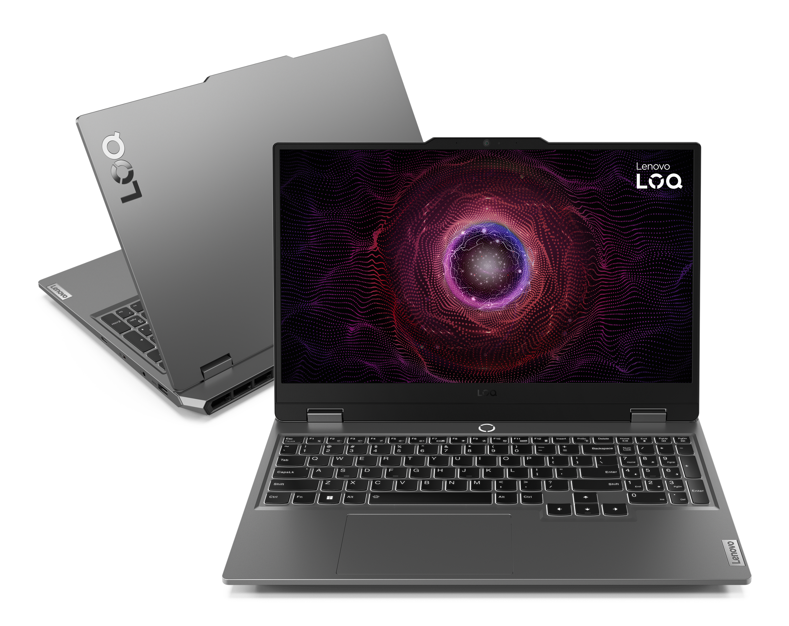 Laptop z logo Lenovo LOQ. Wyświetla kolorowy ekran, drugi laptop z tyłu.