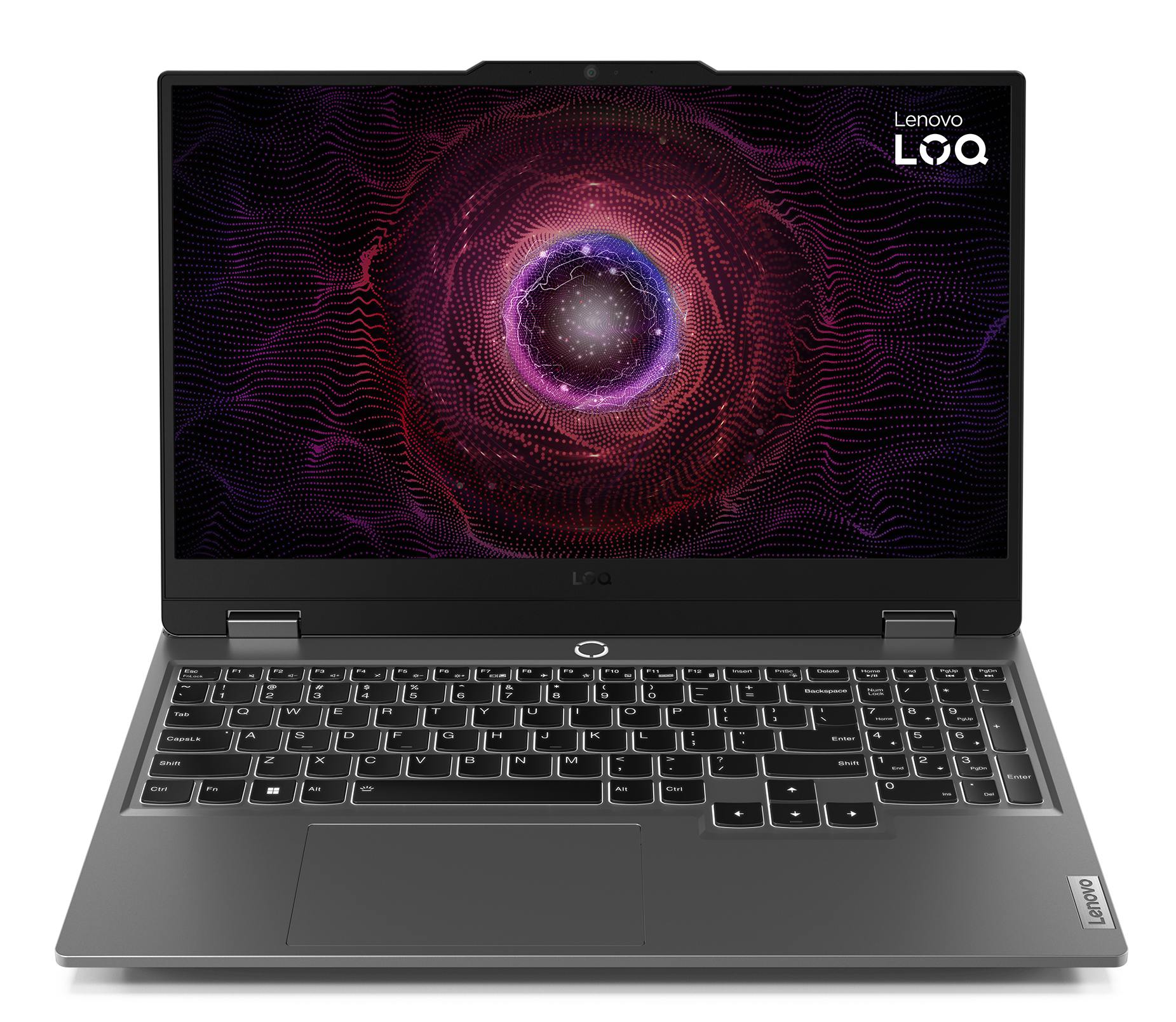 Srebrny laptop z kolorowym ekranem na czarnym tle.