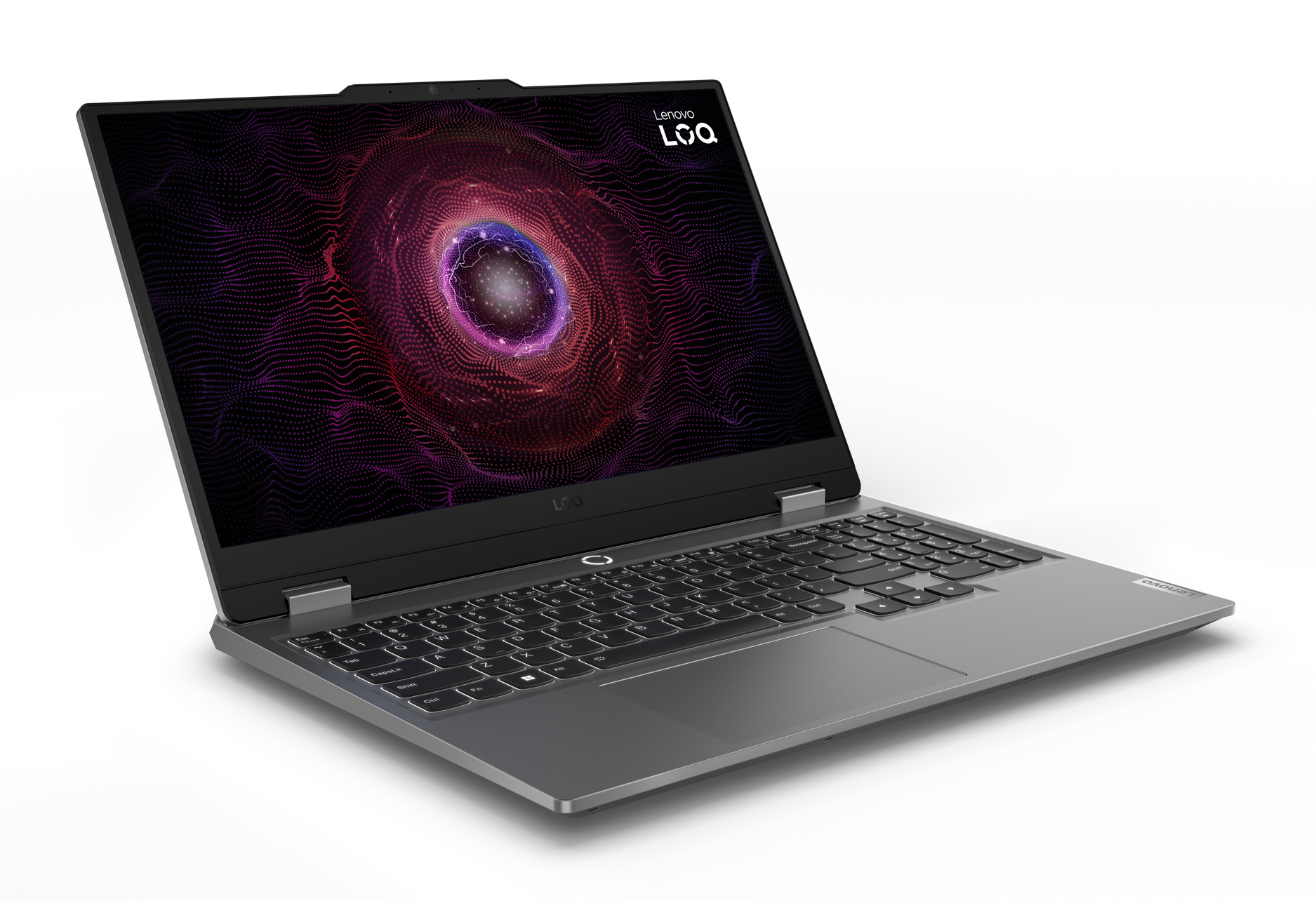 Laptop jest otwarty, wyświetlając wirujący wzór na ekranie.