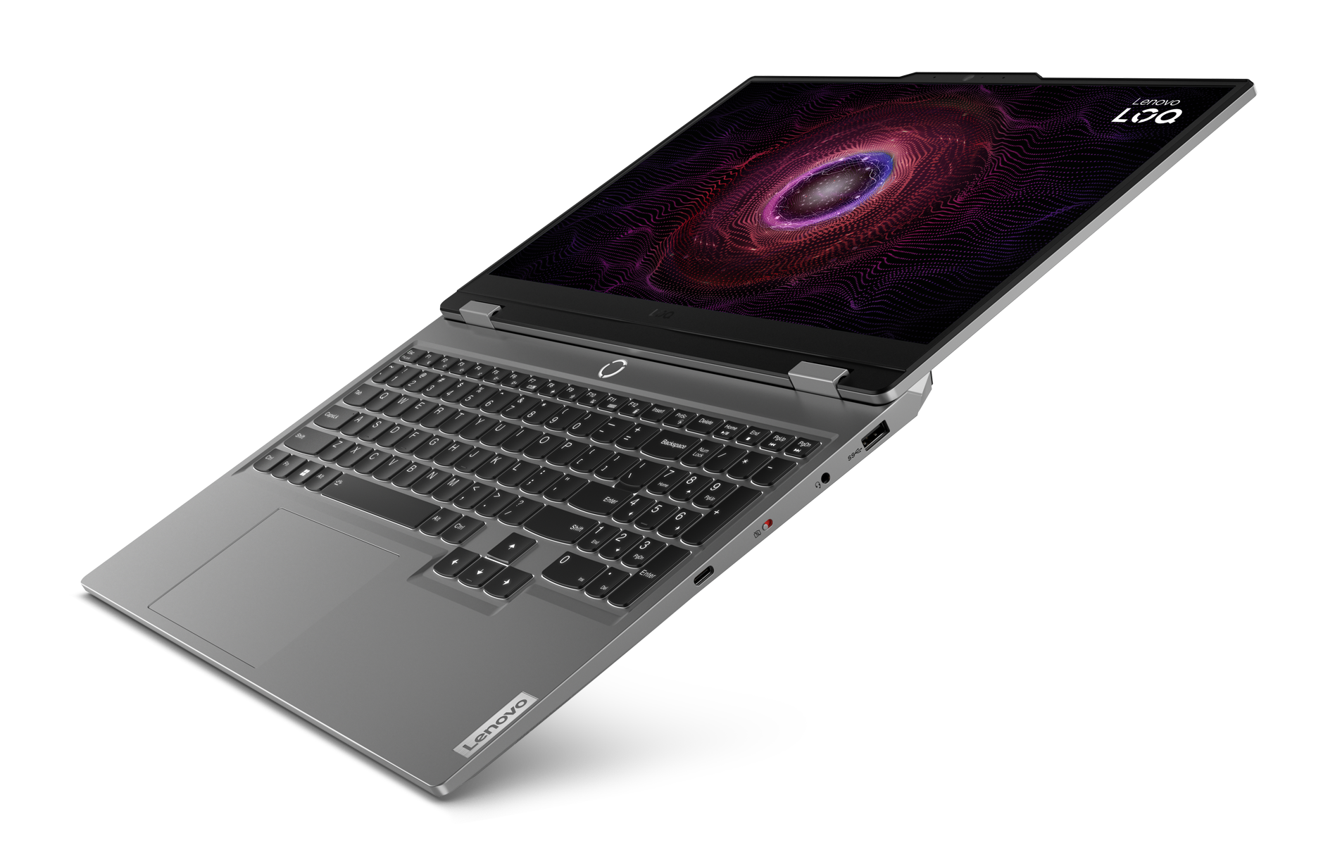 Szary laptop z otwartym ekranem wyświetlającym kolorowy design. Klawiatura widoczna. Logo Lenovo na dole.