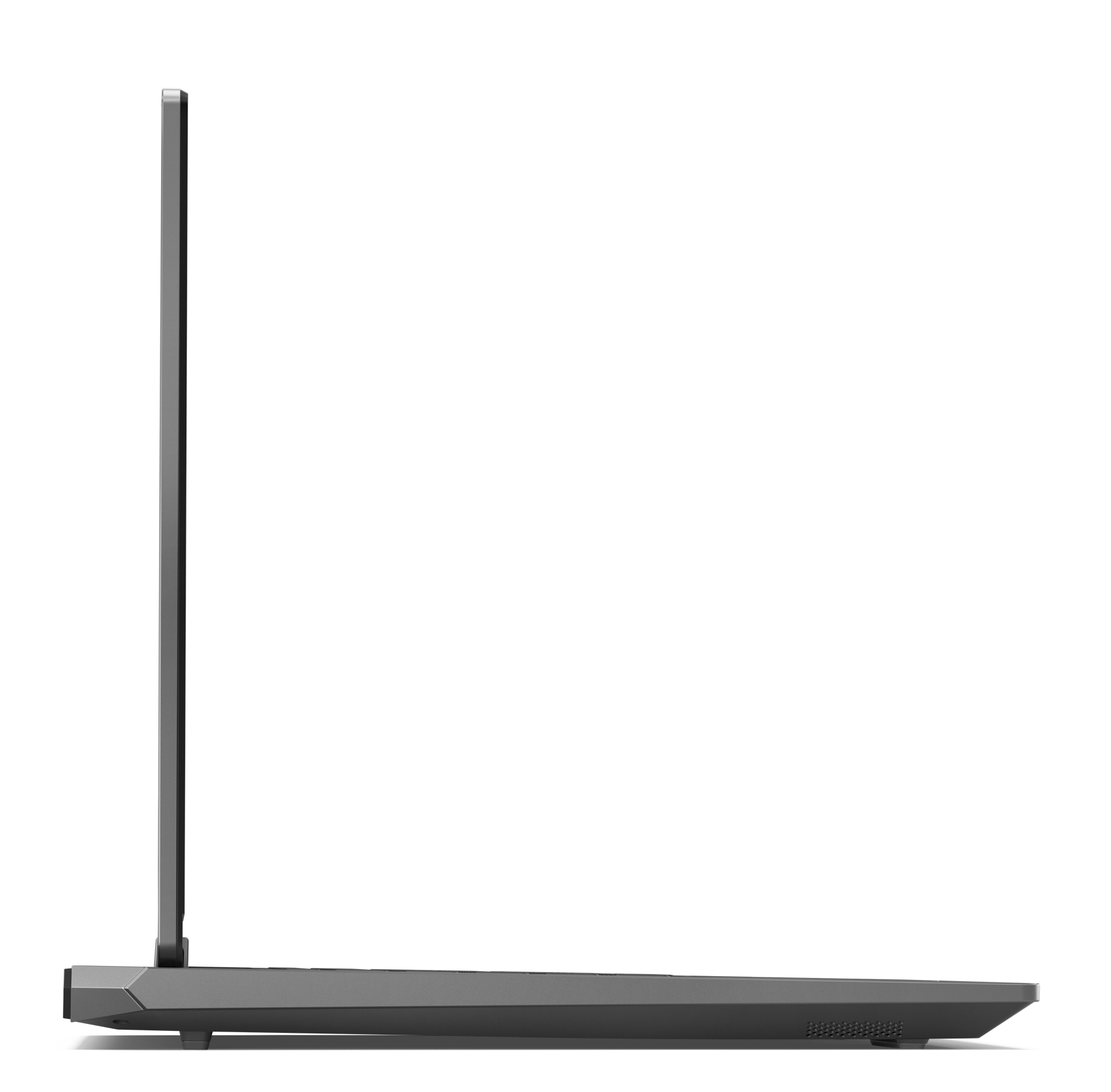 Widok z boku szarego laptopa, otwartego. Czarne tło, prosty design.