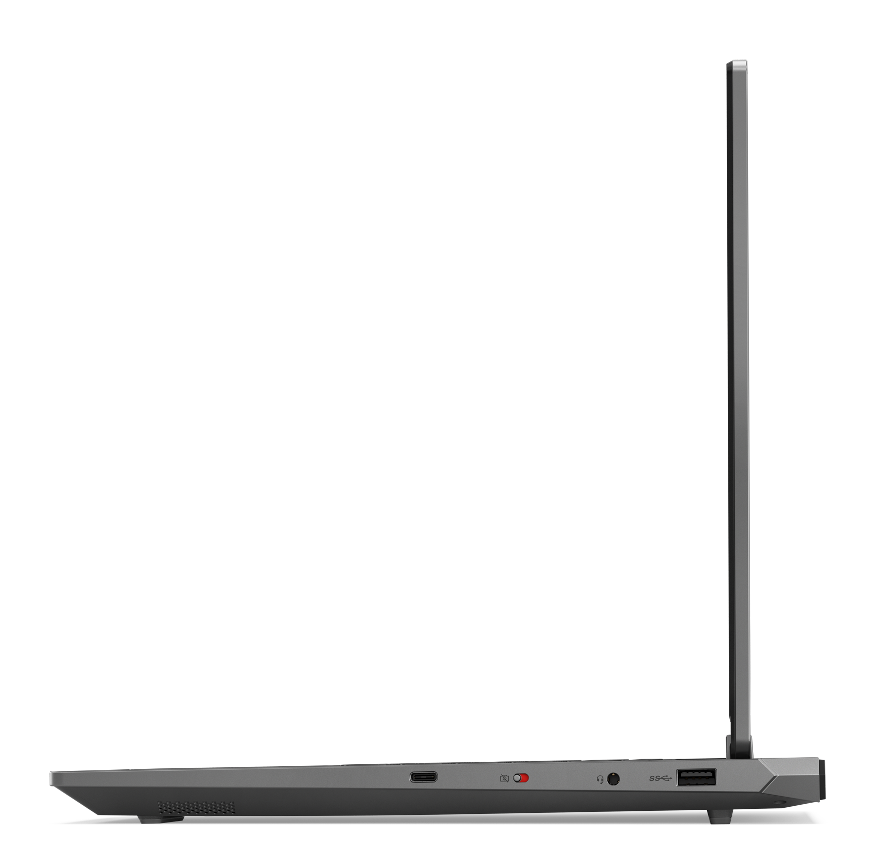 Szary laptop, widok z boku, z otwartym ekranem, widocznymi portami, czarne tło.