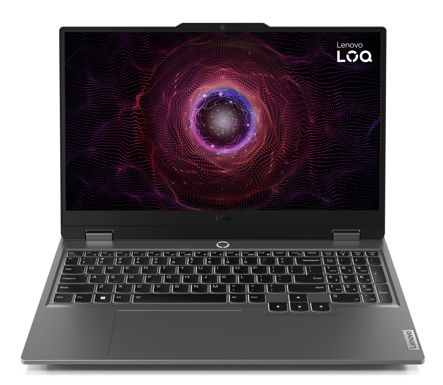 Srebrny i czarny laptop na czarnej powierzchni, ekran wyświetla wirujący, kolorowy wzór.