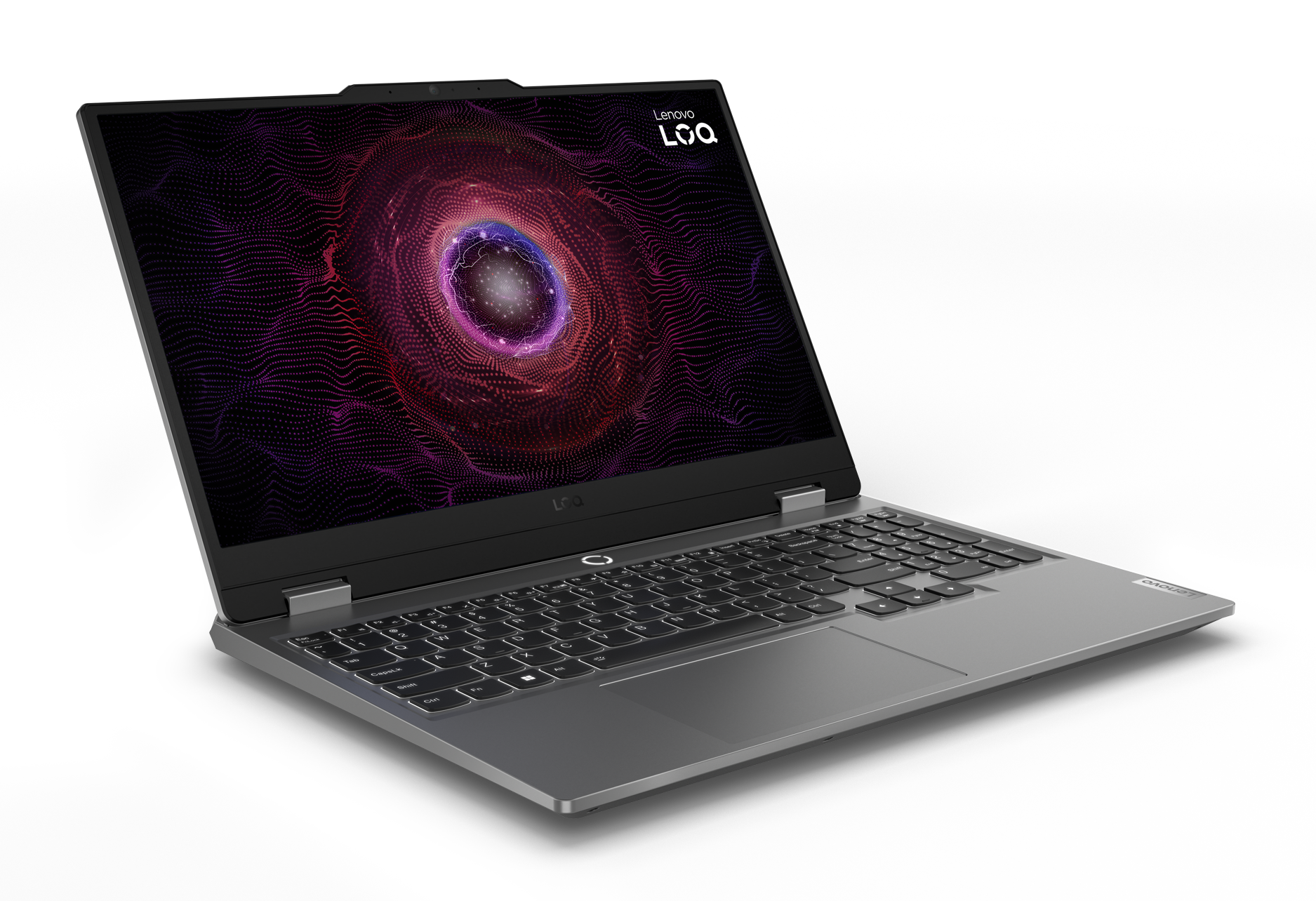Laptop otwarty, ekran wyświetla kolorowy wzór. Klawiatura widoczna. Logo Lenovo LQA obecne.