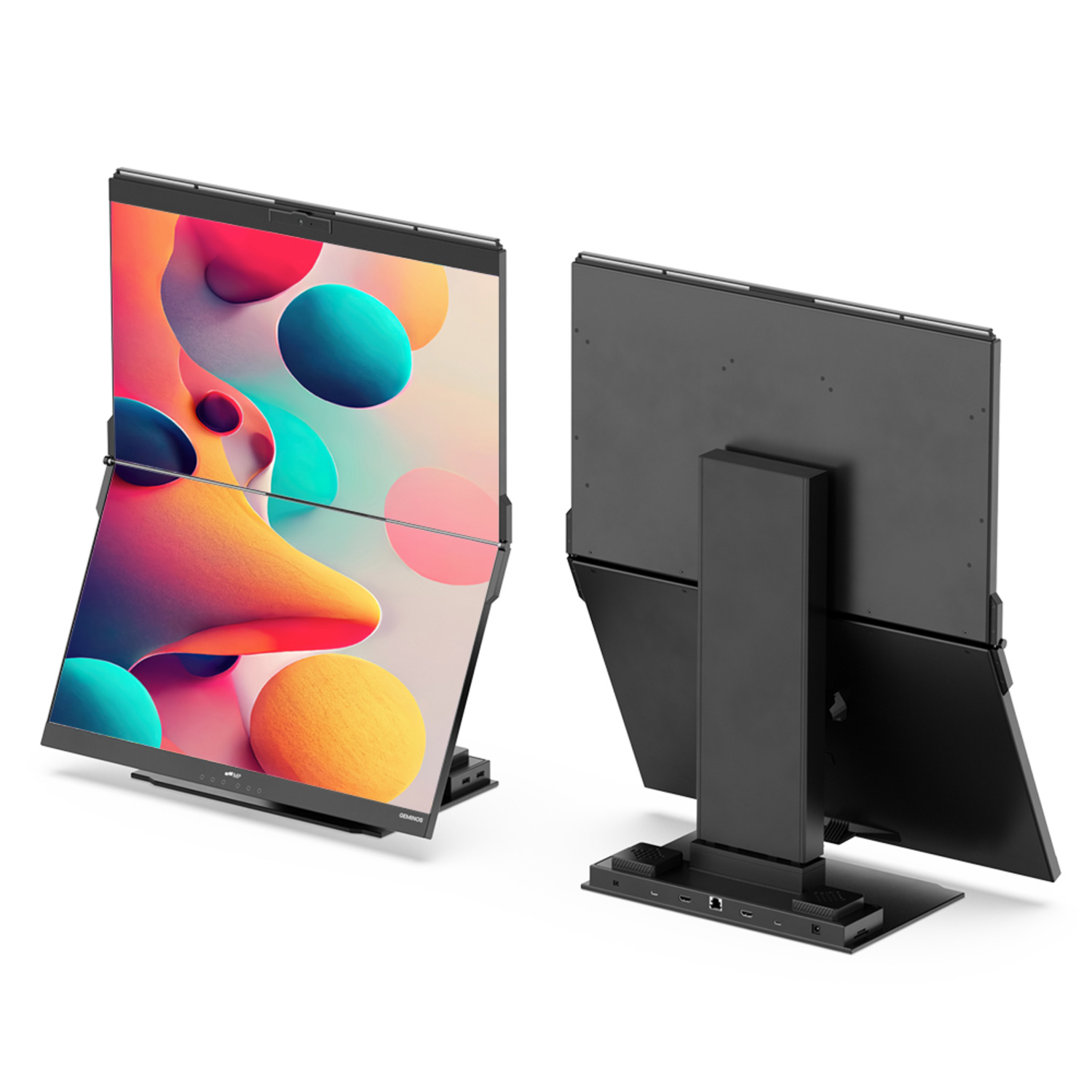 Two black computer monitors with a colorful image display.