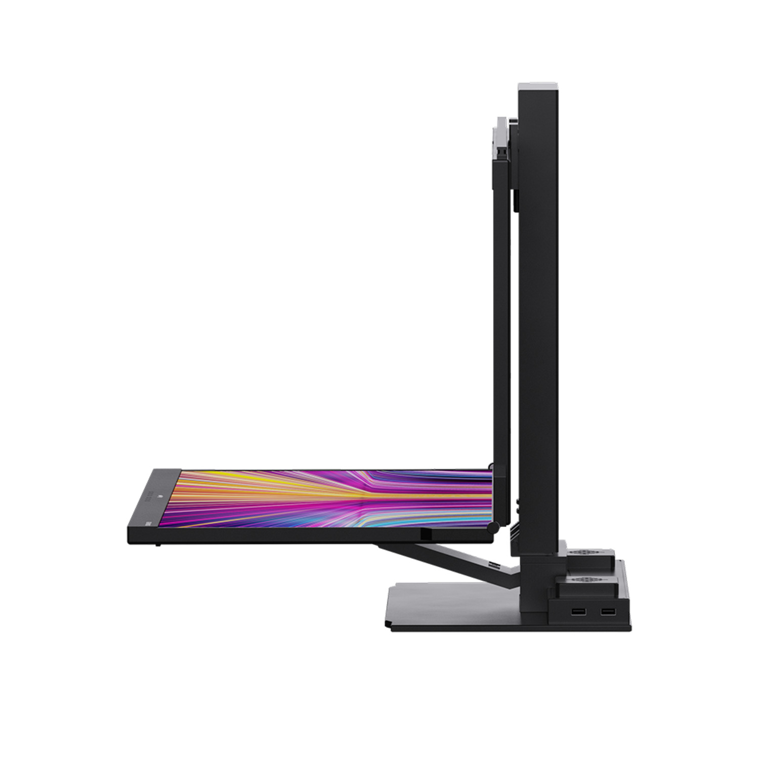 Black computer monitor with a colorful screen. Side view. Black stand.