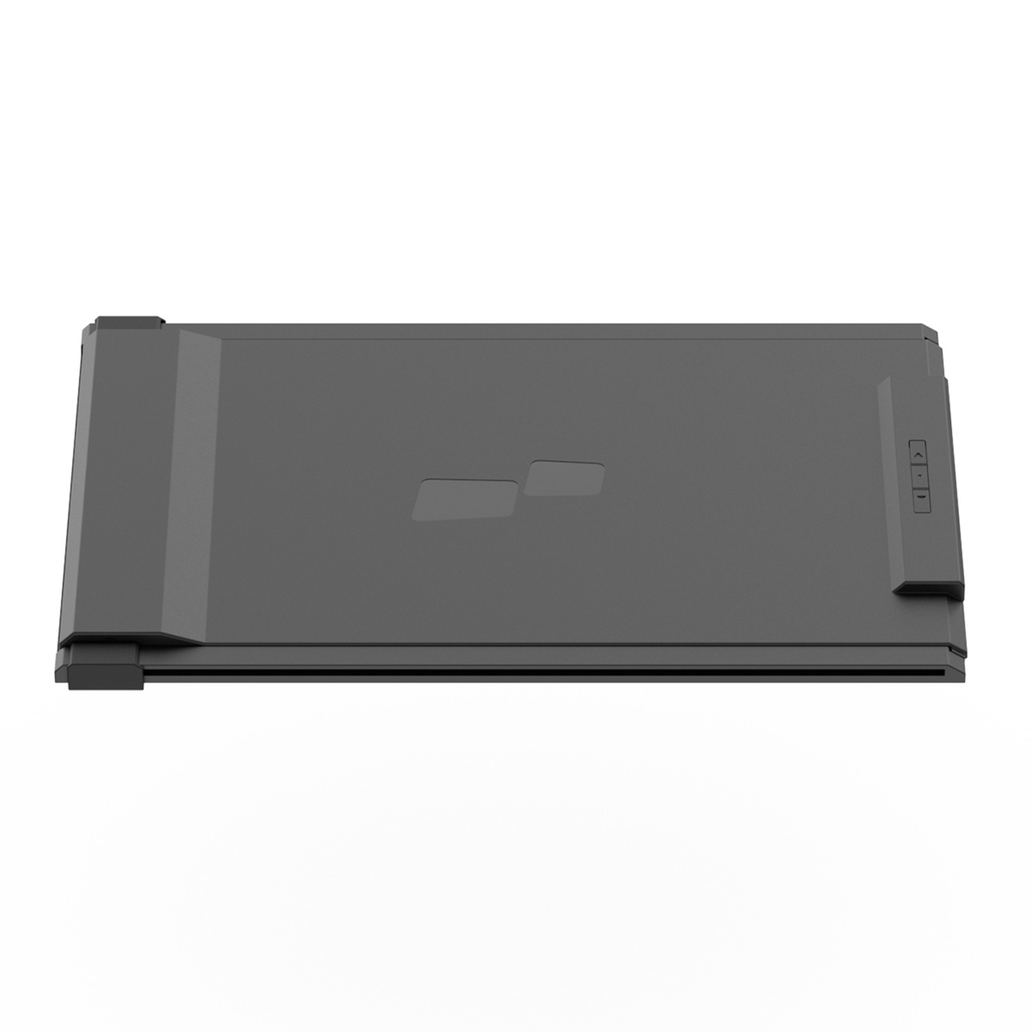Vue de dessus noire d'un ordinateur portable. Design simple, surface gris foncé.