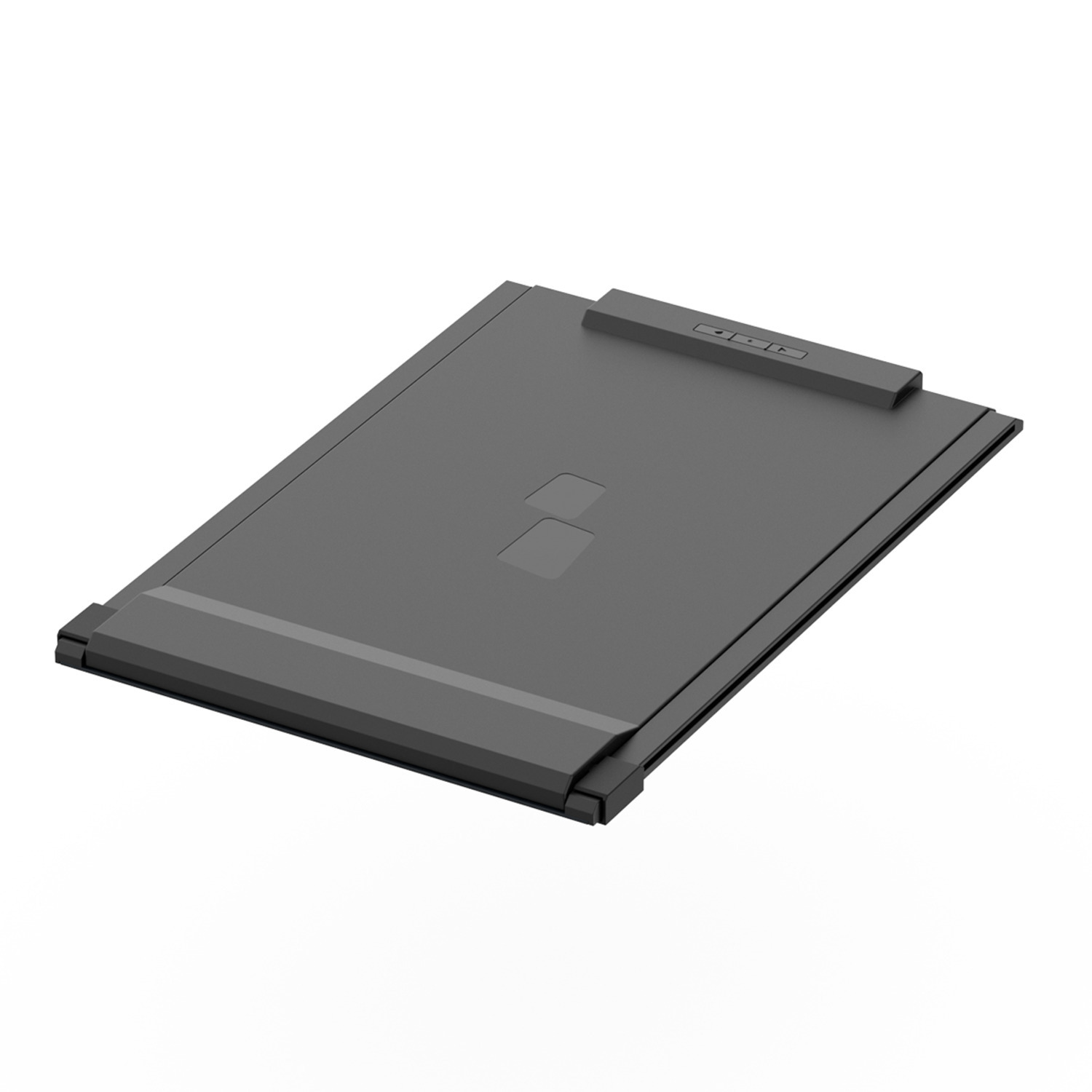 Une tablette grise sur fond blanc.