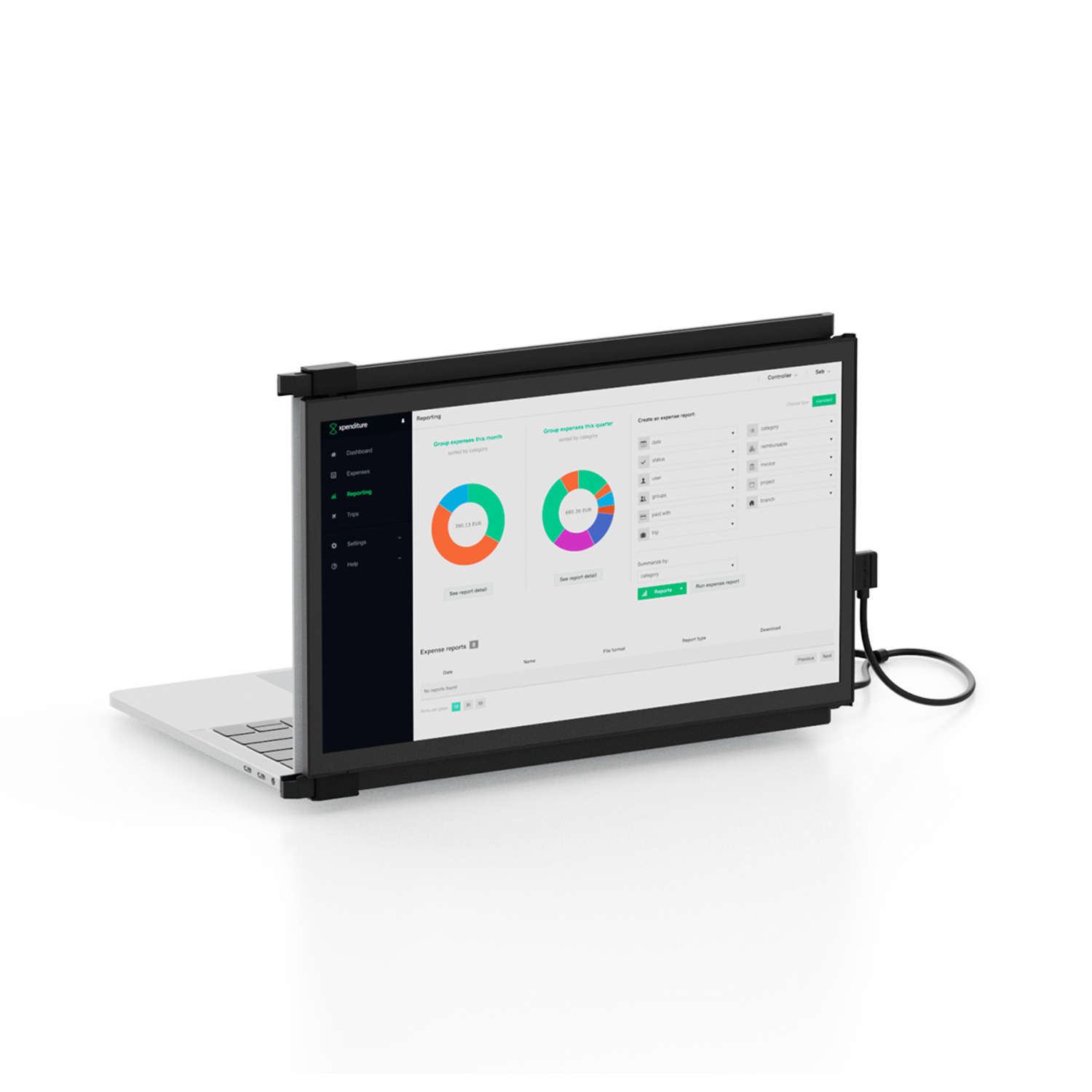 Ordinateur portable avec un moniteur noir affichant des graphiques. Fond blanc.