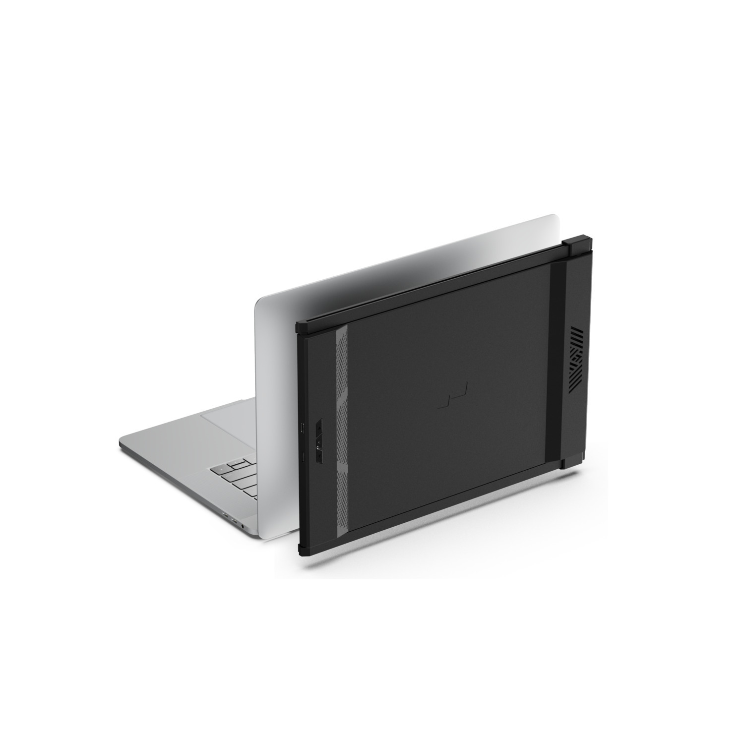 Ordinateur portable argenté avec extension noire, incliné sur fond blanc, montrant l'arrière.