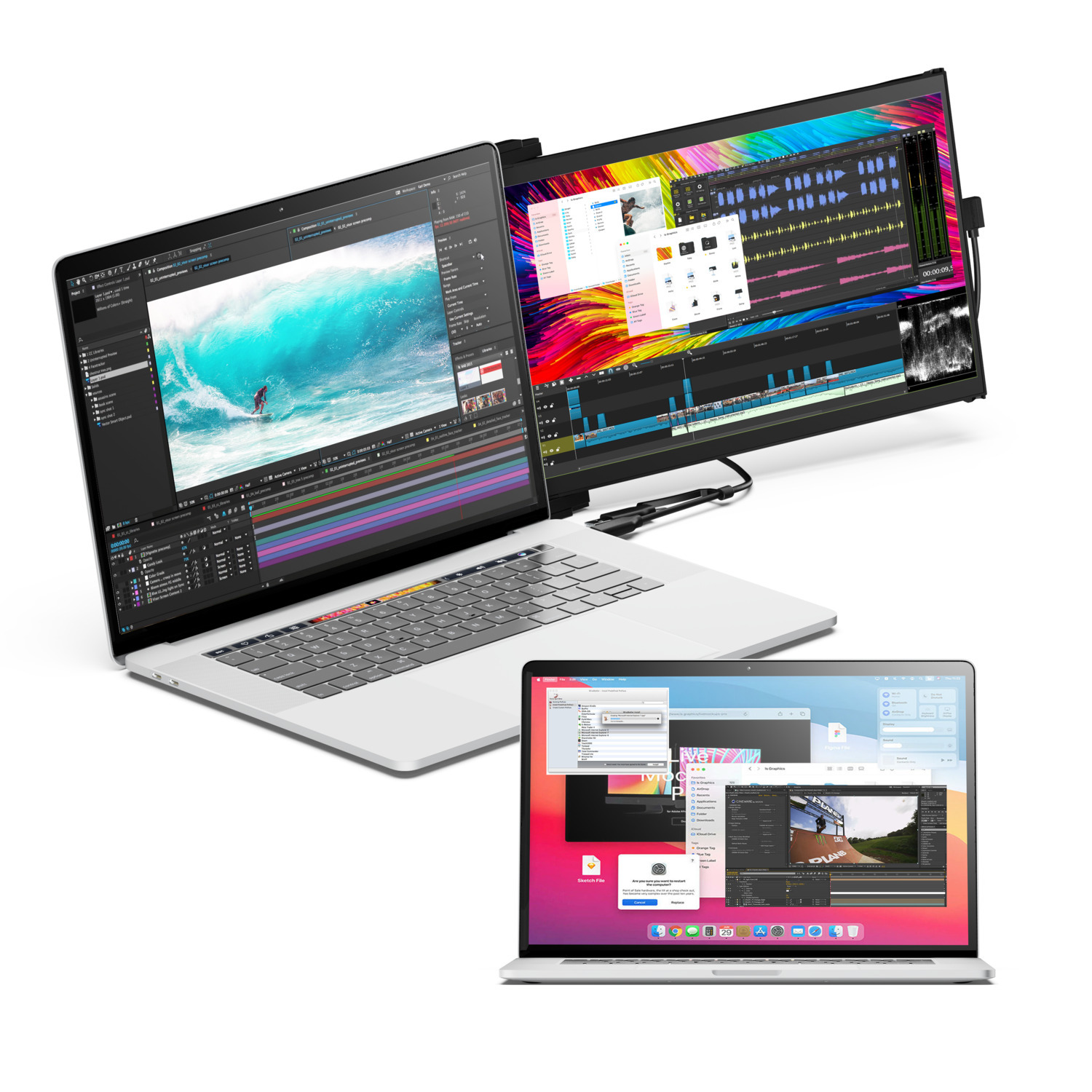 Deux ordinateurs portables affichant un logiciel et une interface de montage vidéo.