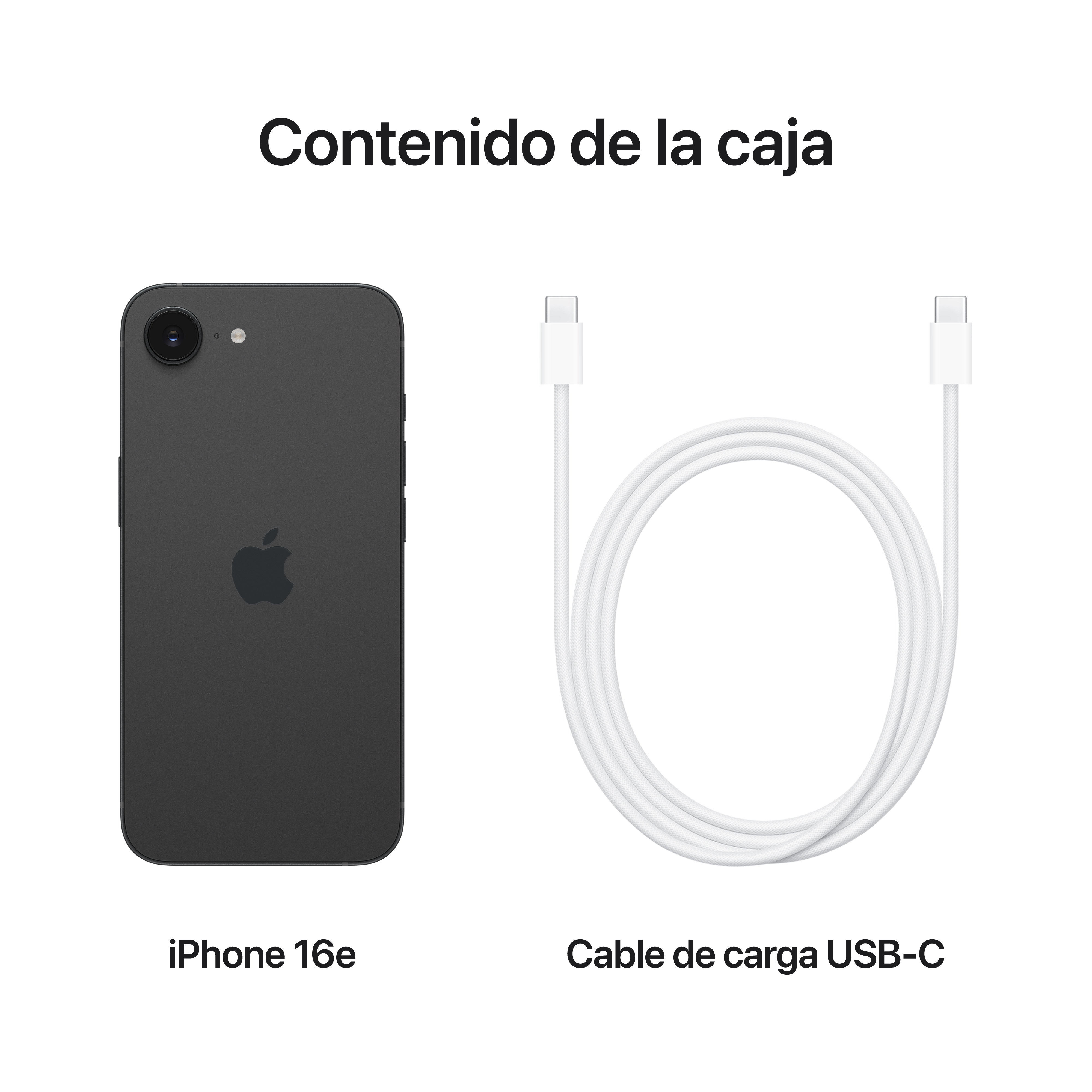 Un iPhone 16e y un cable de carga USB-C, mostrados sobre un fondo blanco.