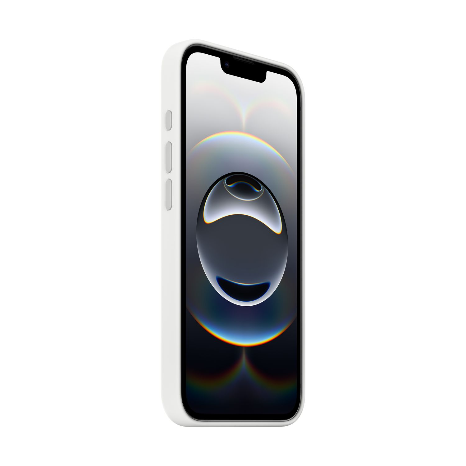 Een witte telefoon met een zwart scherm. De telefoon zit in een witte hoes. Het scherm is zwart.