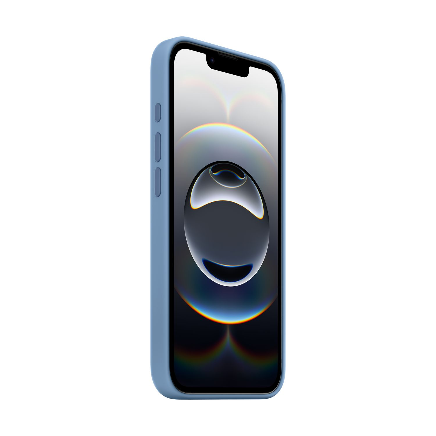 Blauwe telefoon in hoesje, scherm aan, zijaanzicht, witte achtergrond.