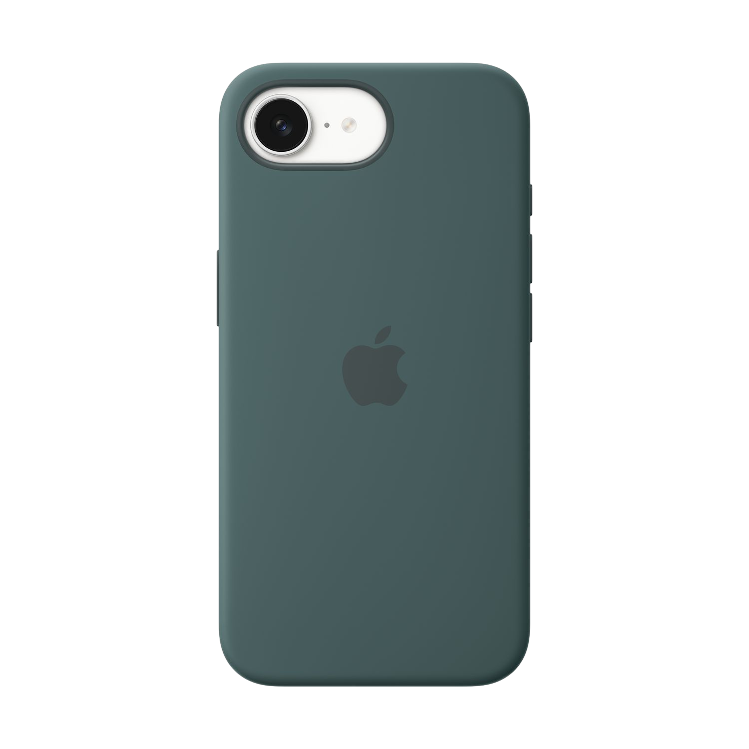 Close-up van een teal iPhone-hoesje met het Apple-logo gecentreerd.