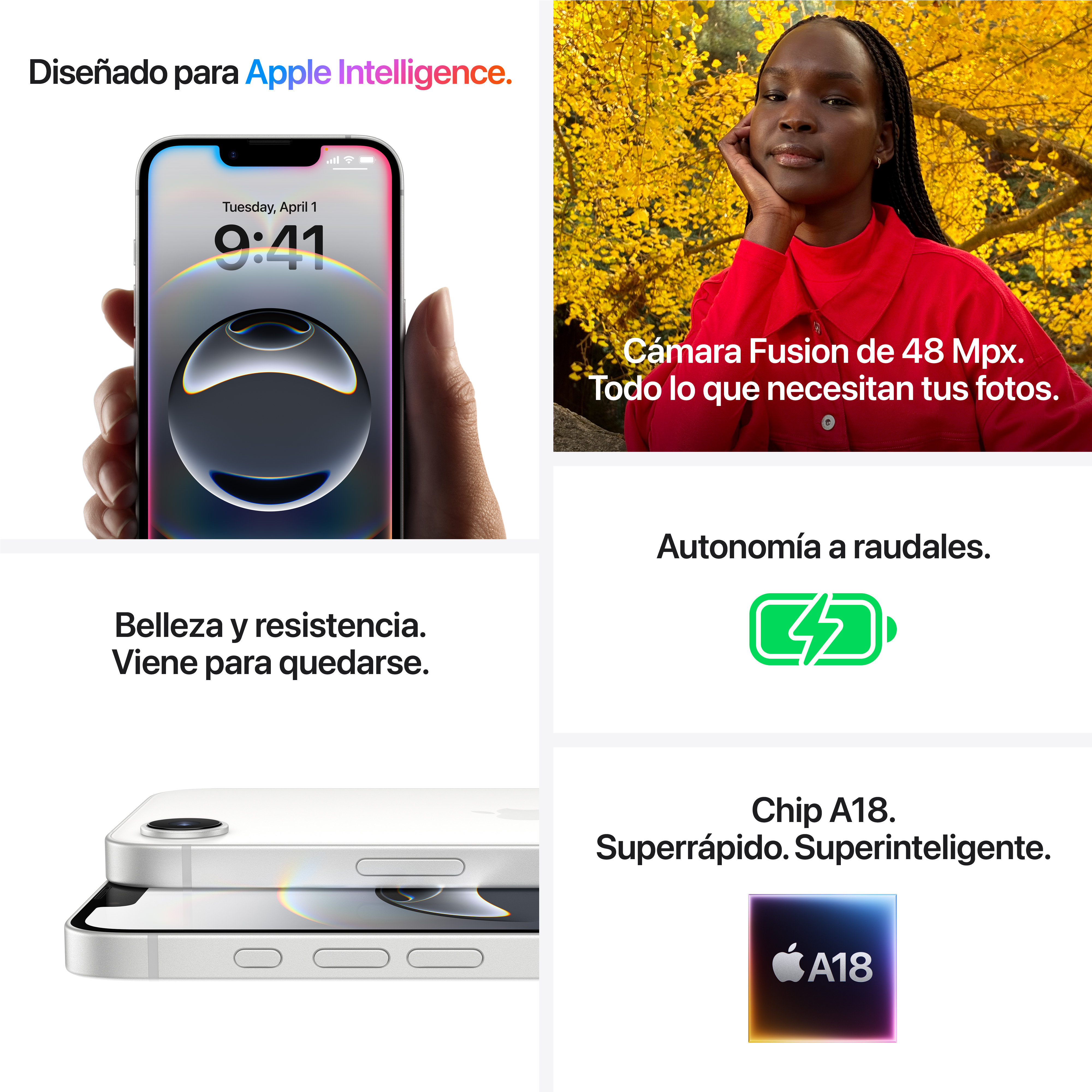 Múltiples imágenes que muestran un iPhone con funciones resaltadas, incluyendo un primer plano de la cámara. Texto en español.