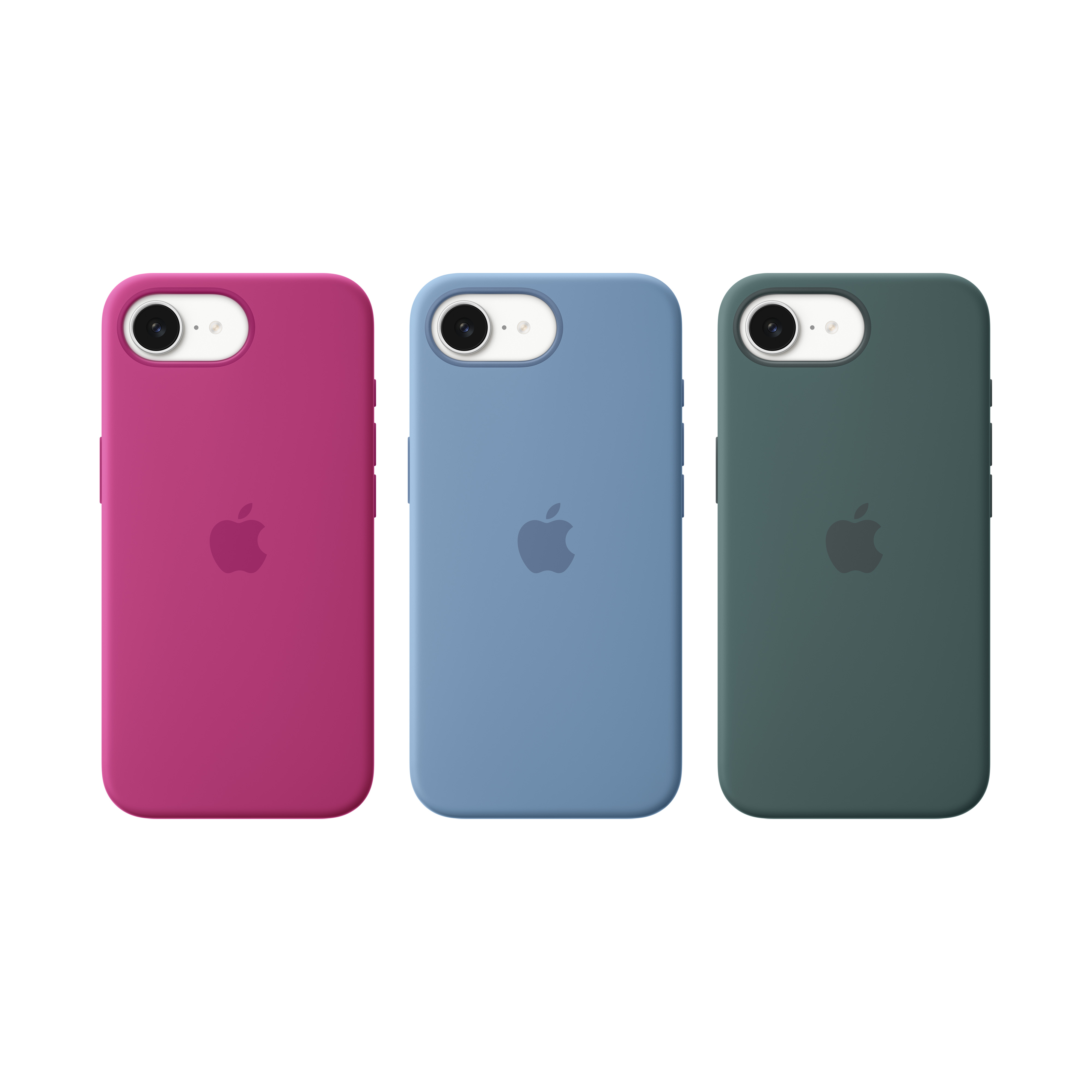 Tres fundas de teléfono: rosa, azul y verde oscuro. Cada una tiene el logo de Apple.