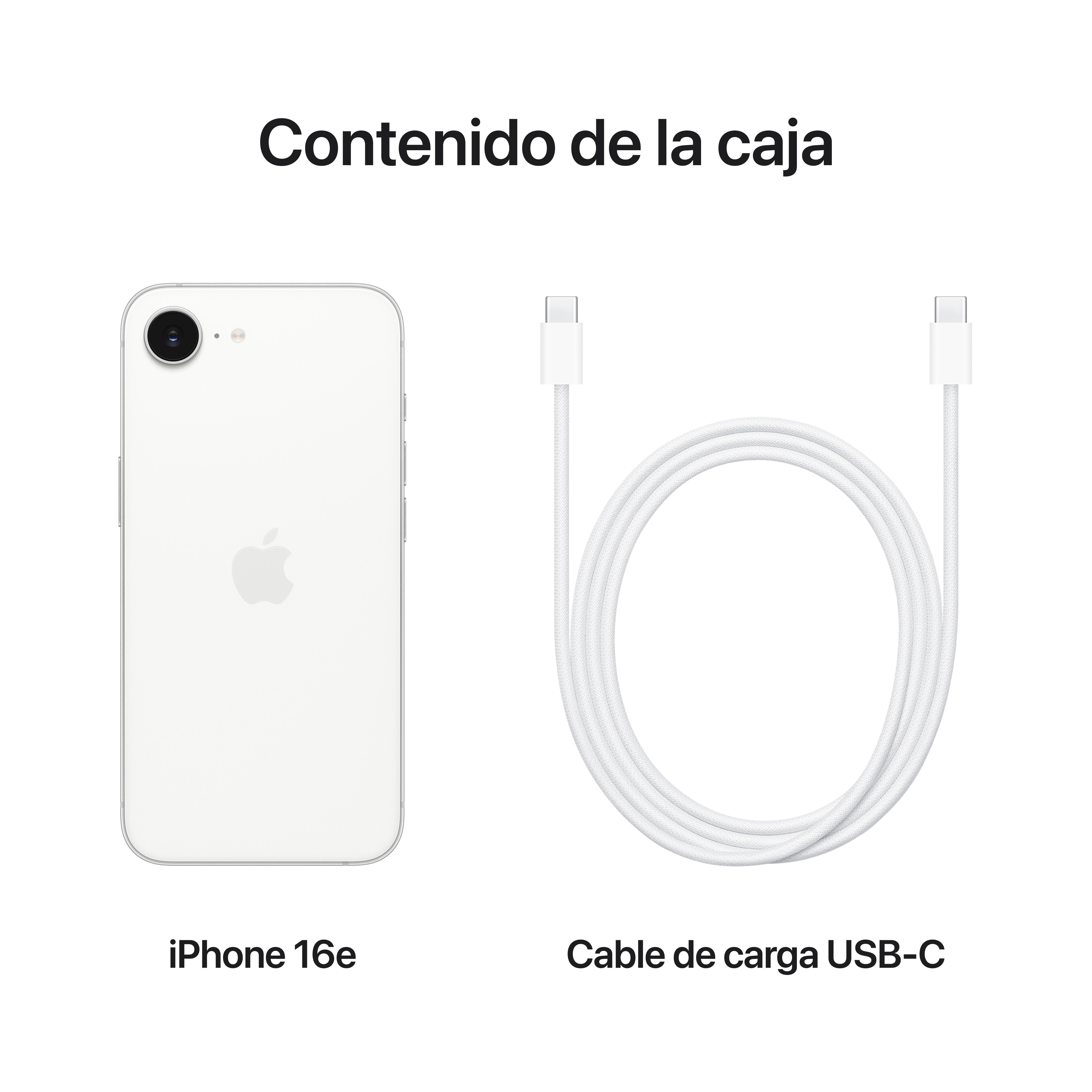 iPhone blanco y cable de carga USB-C sobre fondo blanco.