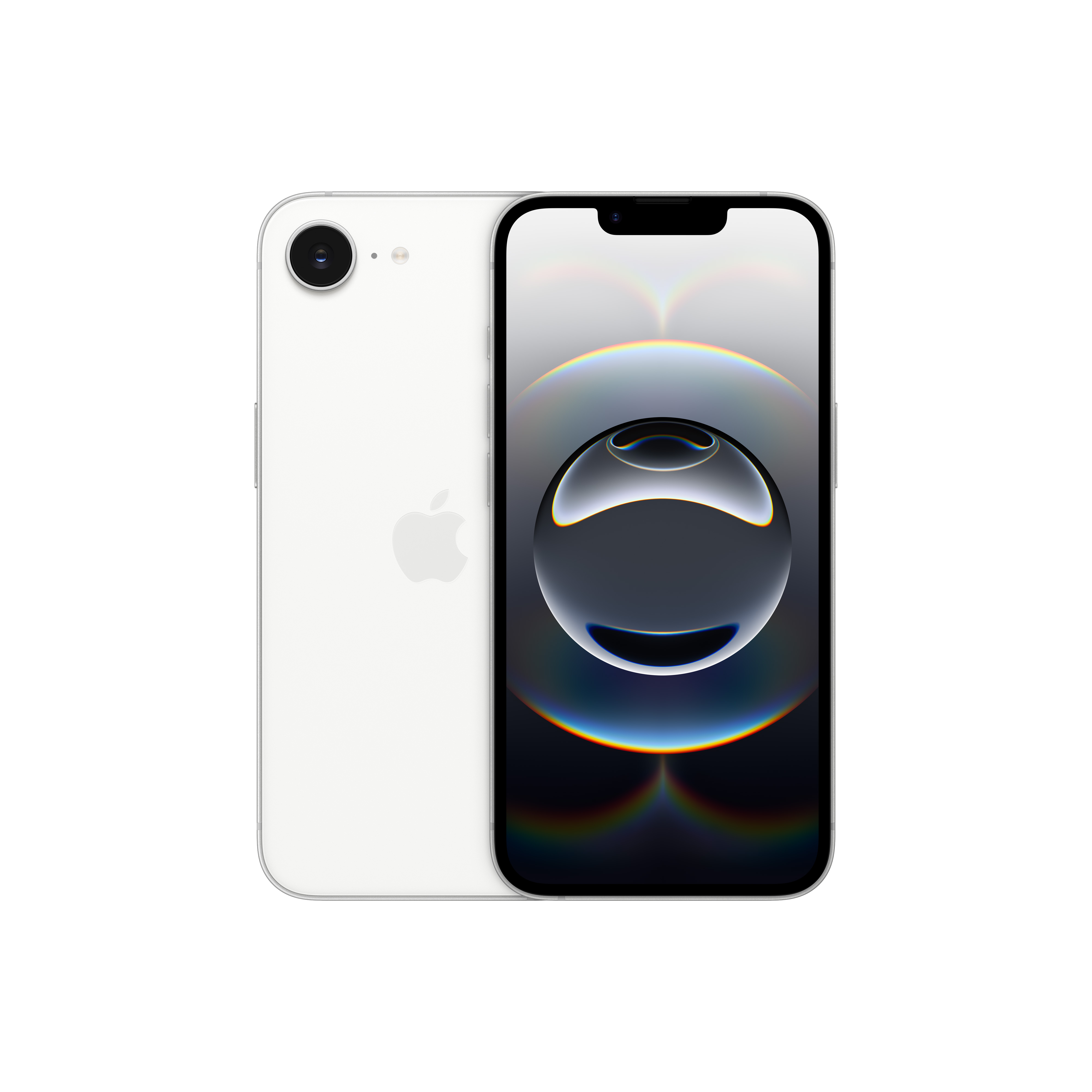 Dos iPhones sobre un fondo negro. Un teléfono es blanco, el otro muestra la pantalla.