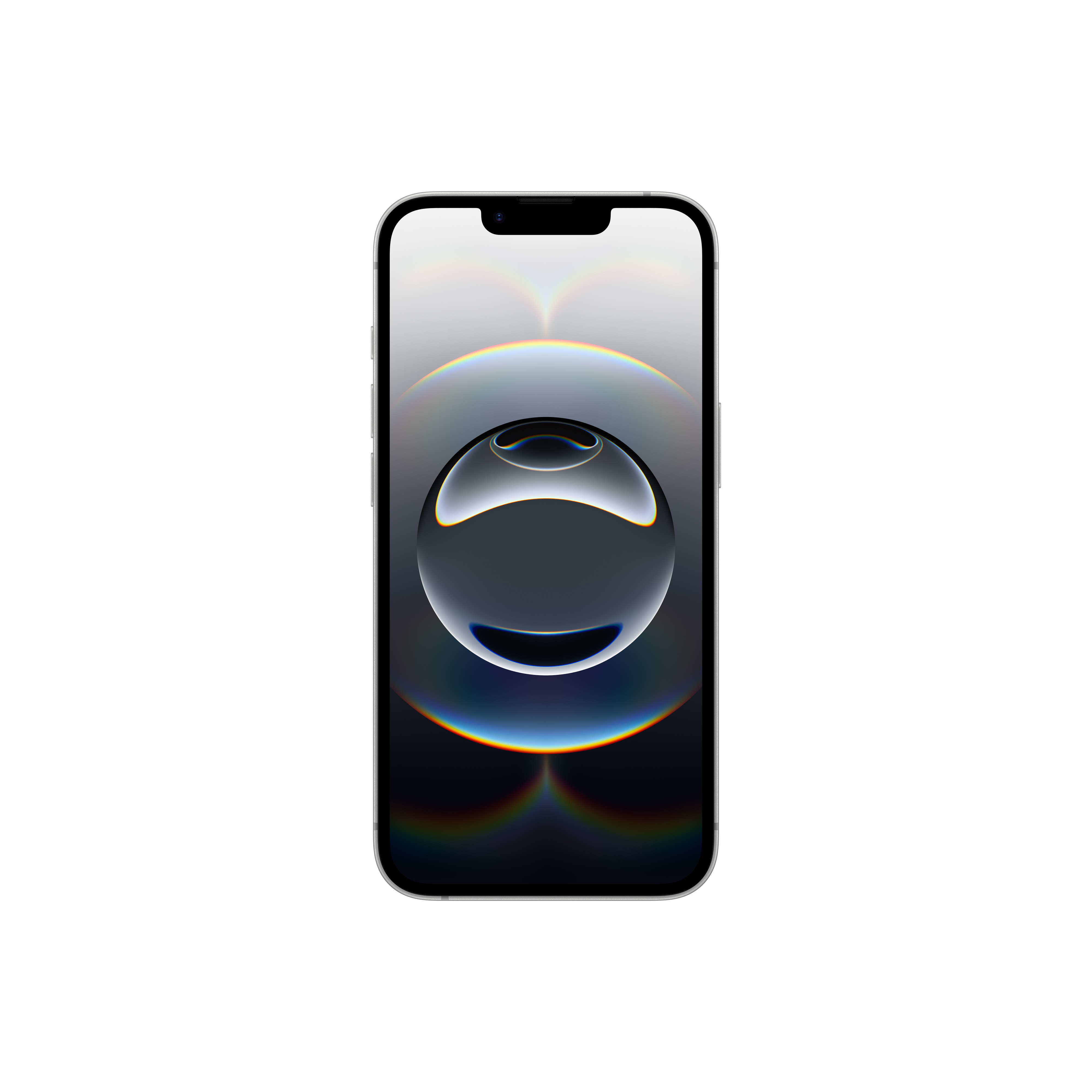 Un iPhone plateado sobre fondo blanco, mostrando un fondo de pantalla abstracto y colorido.