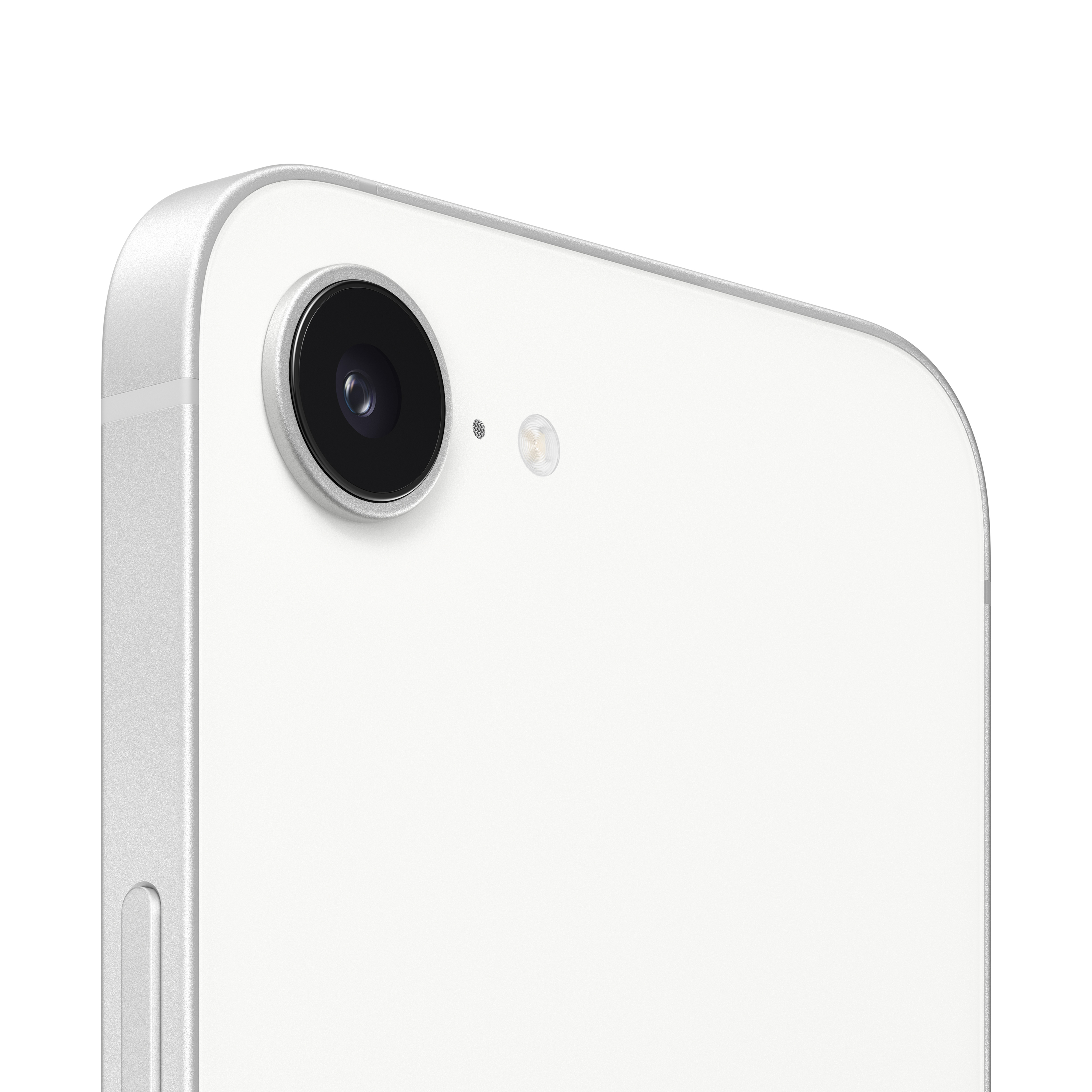 Primer plano de la cámara y el flash de un teléfono blanco sobre fondo blanco.